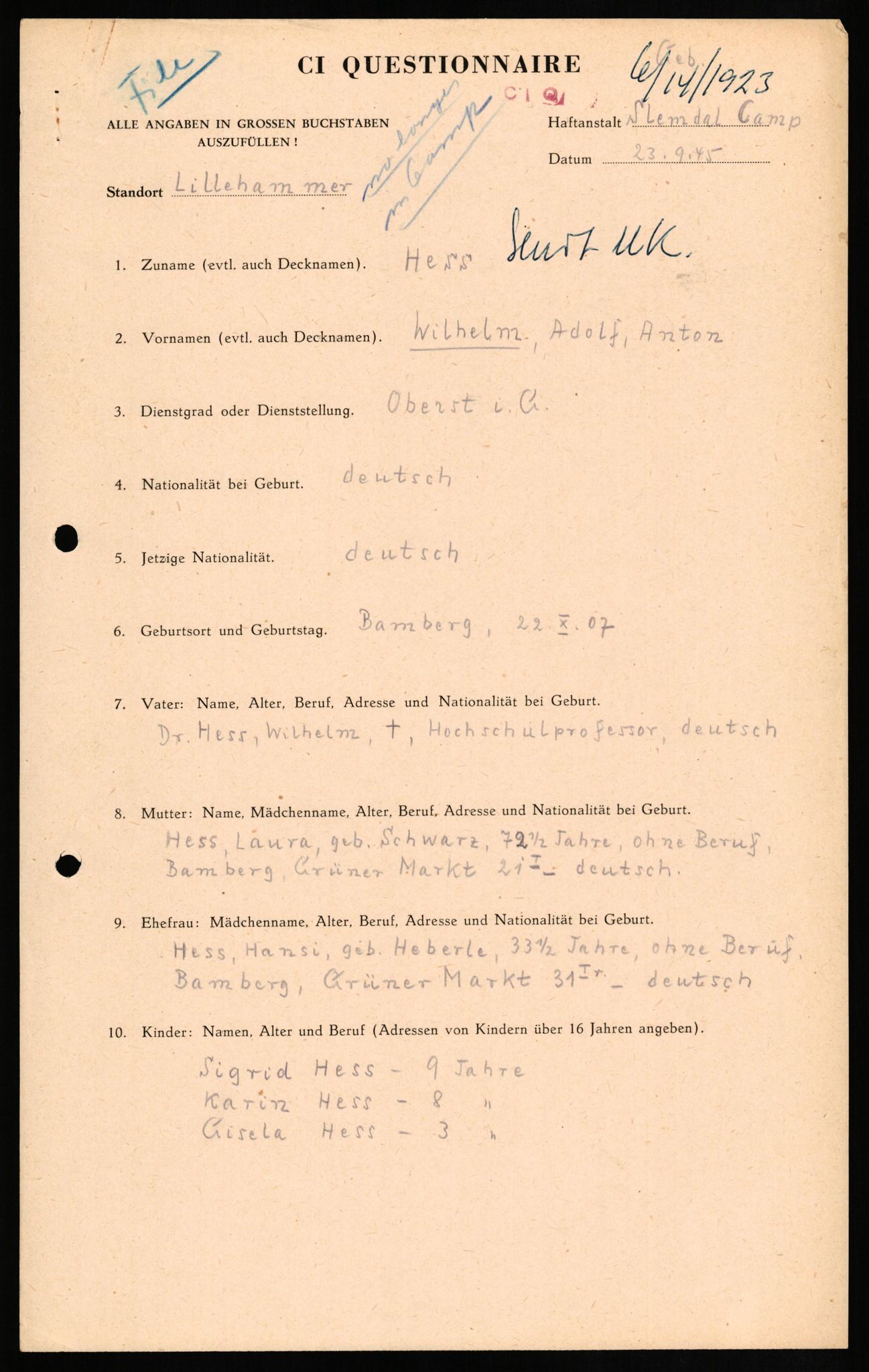 Forsvaret, Forsvarets overkommando II, AV/RA-RAFA-3915/D/Db/L0013: CI Questionaires. Tyske okkupasjonsstyrker i Norge. Tyskere., 1945-1946, s. 97