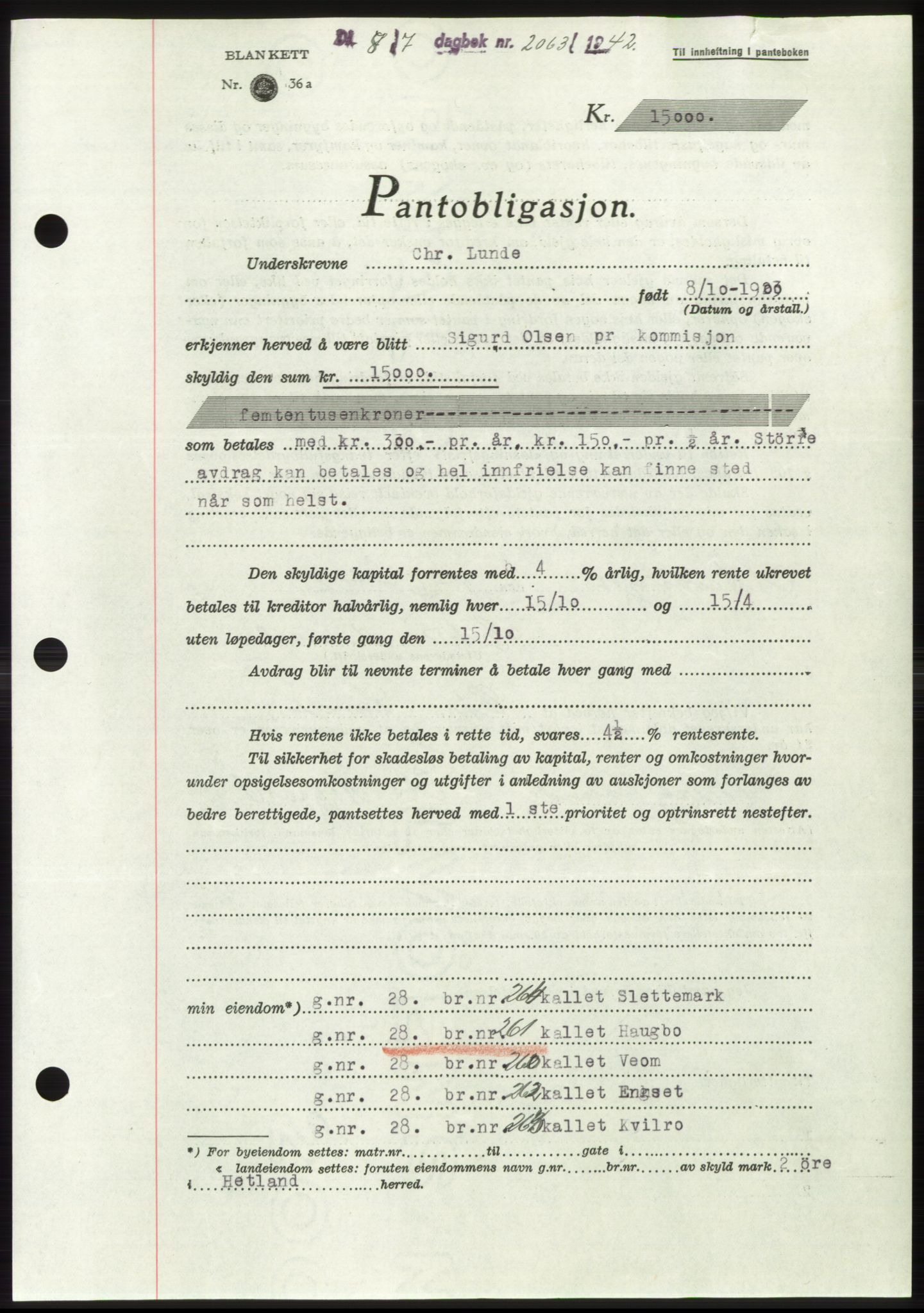 Jæren sorenskriveri, SAST/A-100310/03/G/Gba/L0083: Pantebok, 1942-1942, Dagboknr: 2063/1942