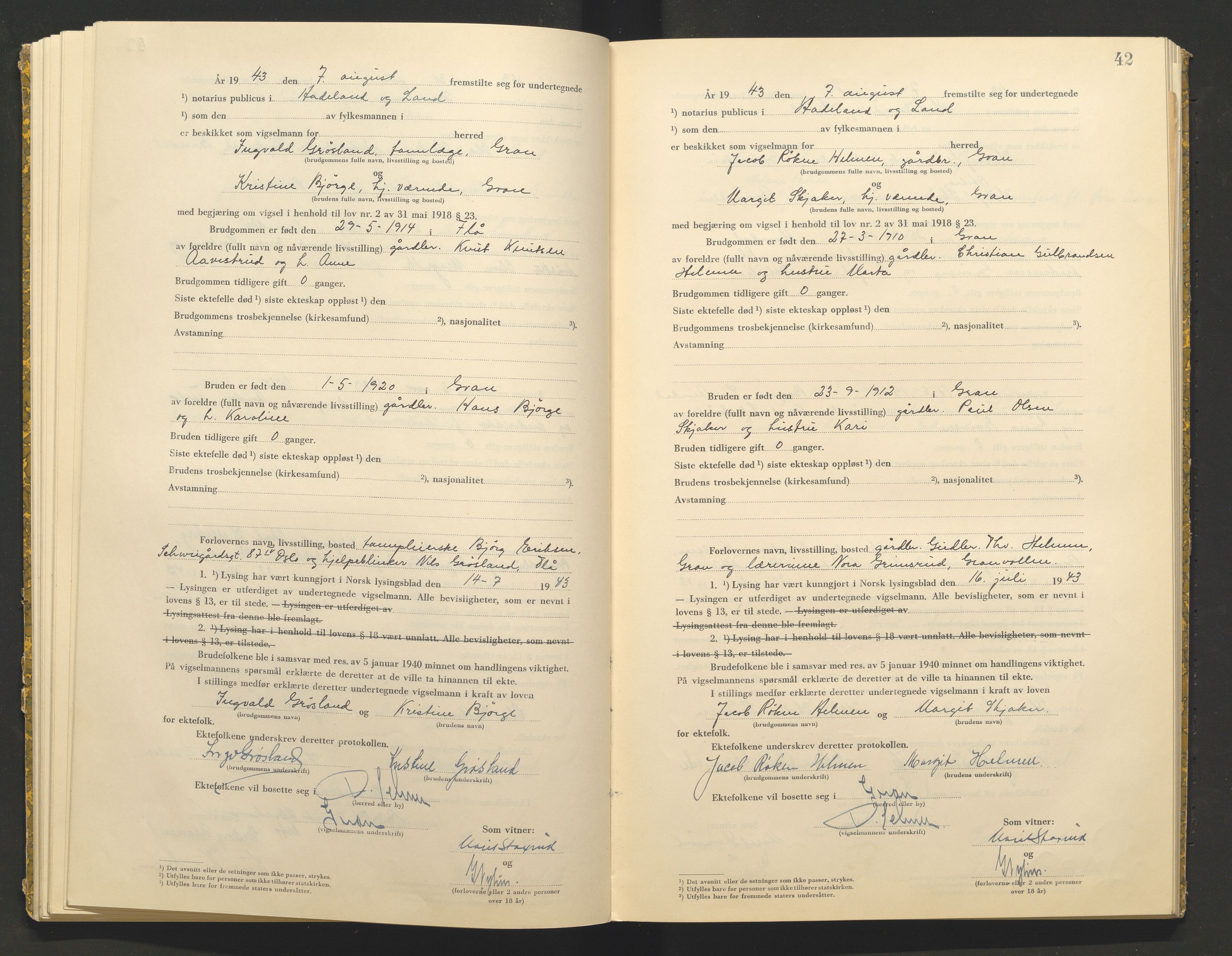 Hadeland og Land tingrett, AV/SAH-TING-010/L/Lb/L0002: Vigselbok, 1943-1944, s. 42