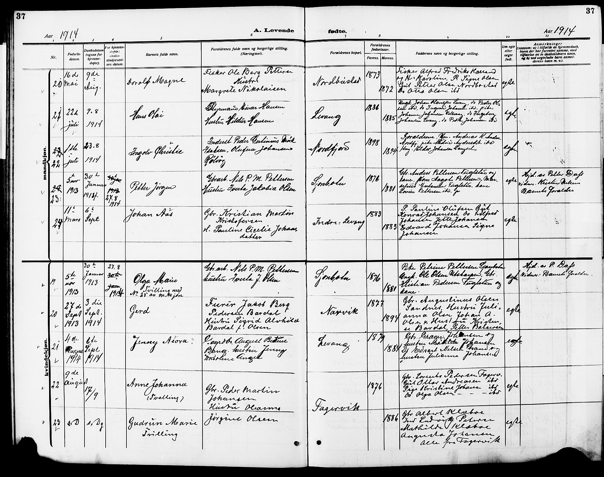 Ministerialprotokoller, klokkerbøker og fødselsregistre - Nordland, AV/SAT-A-1459/838/L0560: Klokkerbok nr. 838C07, 1910-1928, s. 37