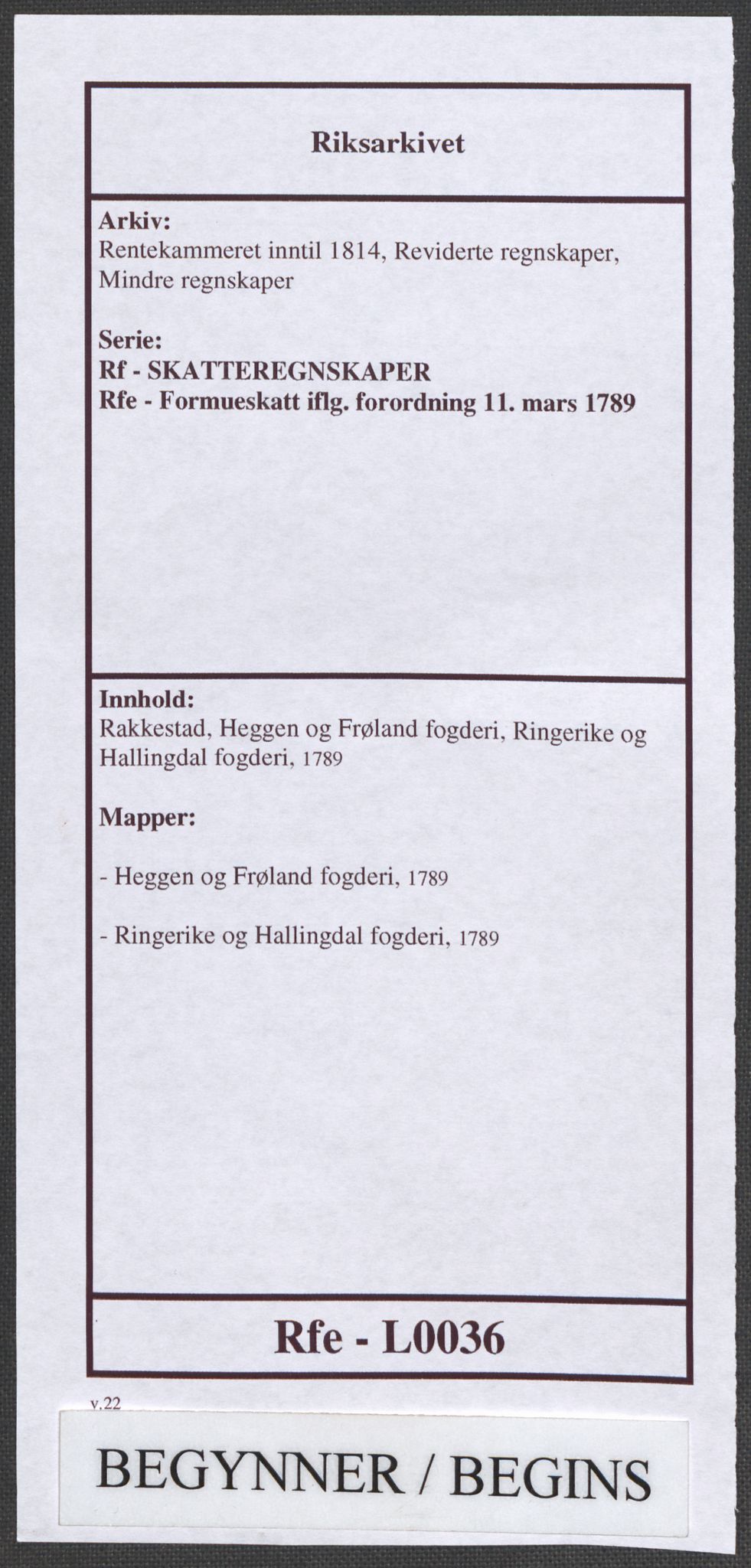 Rentekammeret inntil 1814, Reviderte regnskaper, Mindre regnskaper, AV/RA-EA-4068/Rf/Rfe/L0036: Rakkestad, Heggen og Frøland fogderi, Ringerike og Hallingdal fogderi, 1789, s. 1