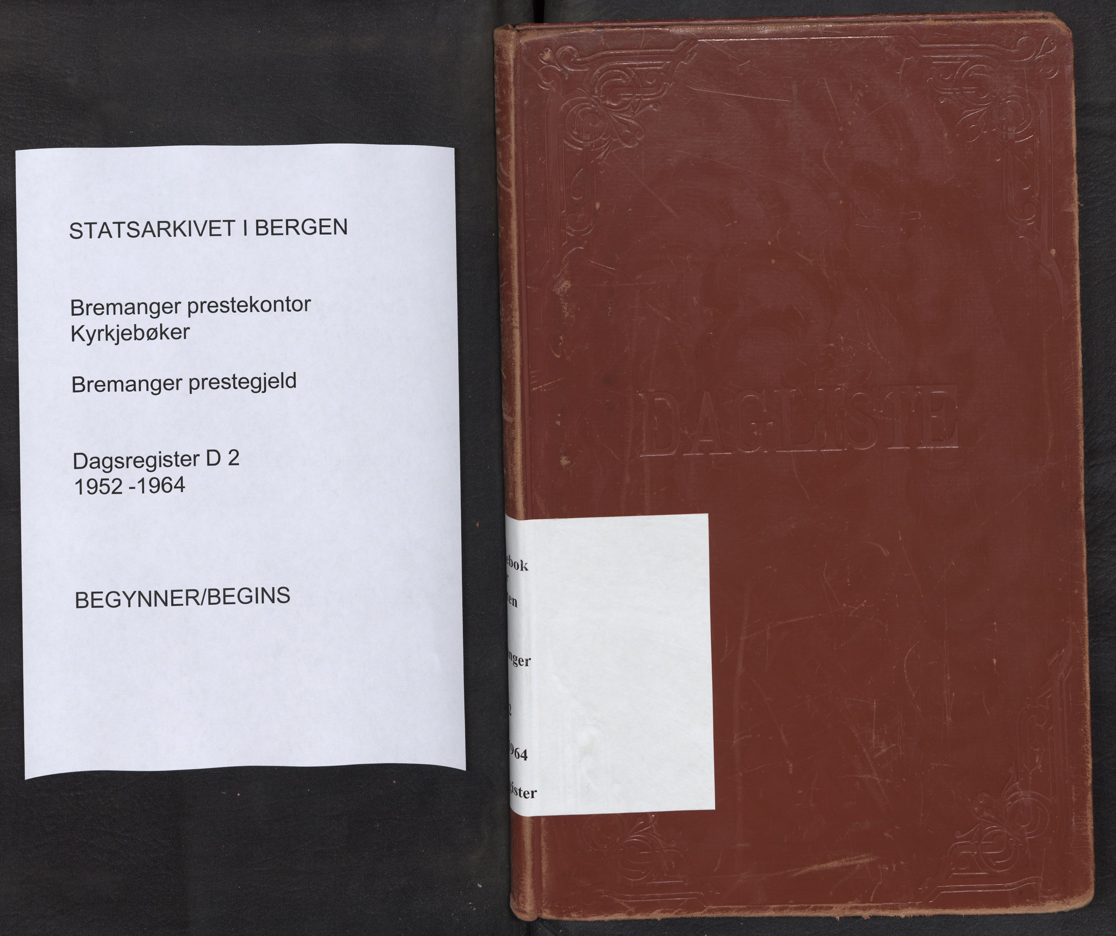 Bremanger sokneprestembete, SAB/A-82201/H/Haa/Haad/L0002: Dagregister nr. D 2, 1952-1964