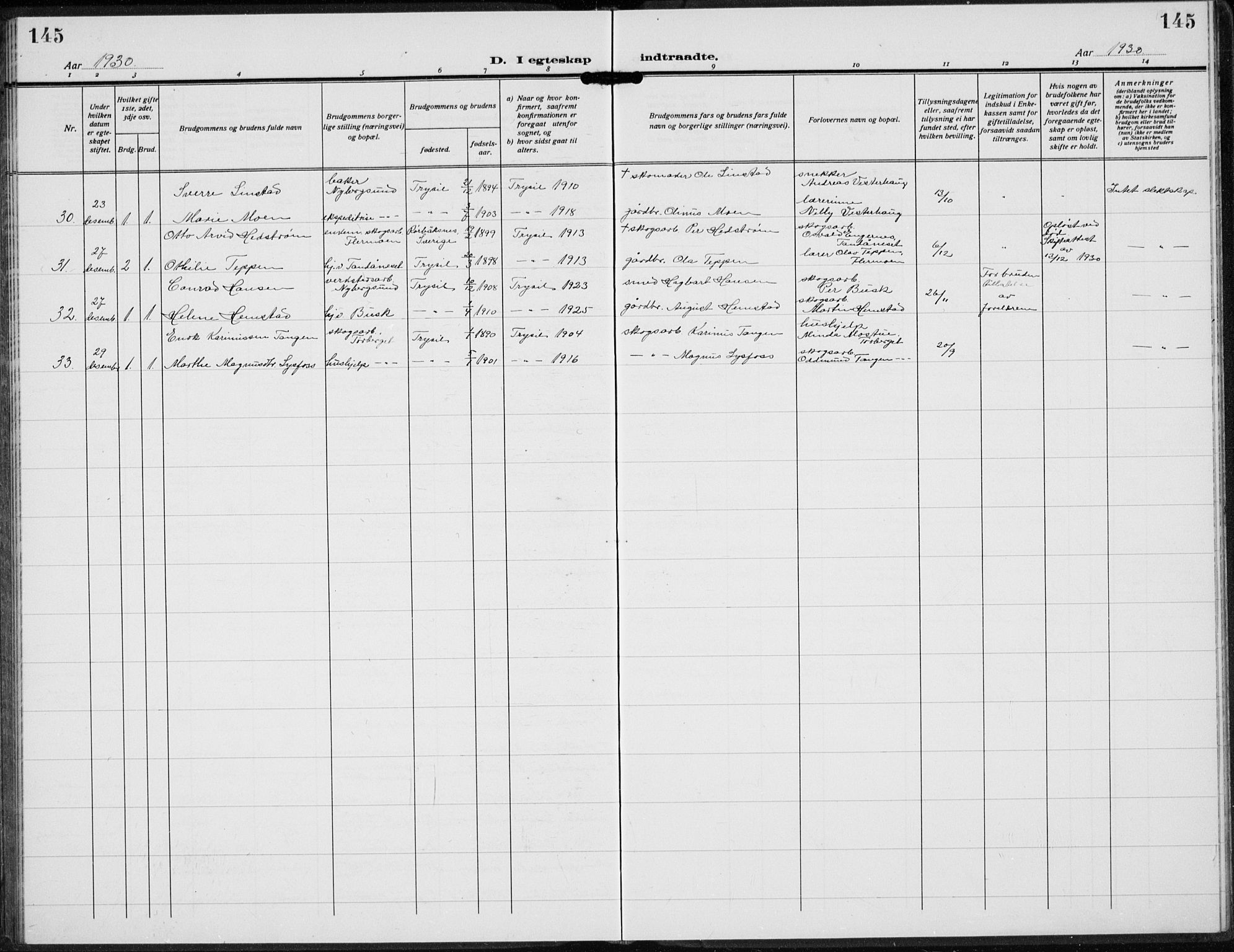 Trysil prestekontor, AV/SAH-PREST-046/H/Ha/Hab/L0010: Klokkerbok nr. 10, 1917-1937, s. 145