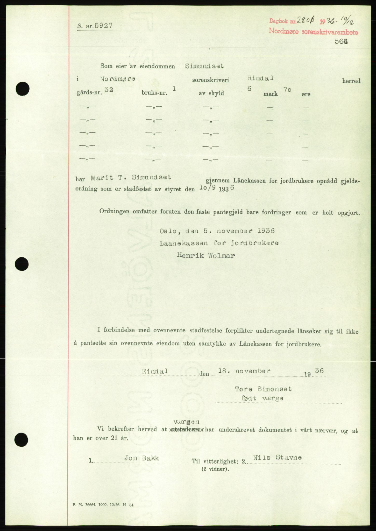 Nordmøre sorenskriveri, AV/SAT-A-4132/1/2/2Ca/L0090: Pantebok nr. B80, 1936-1937, Dagboknr: 2801/1936