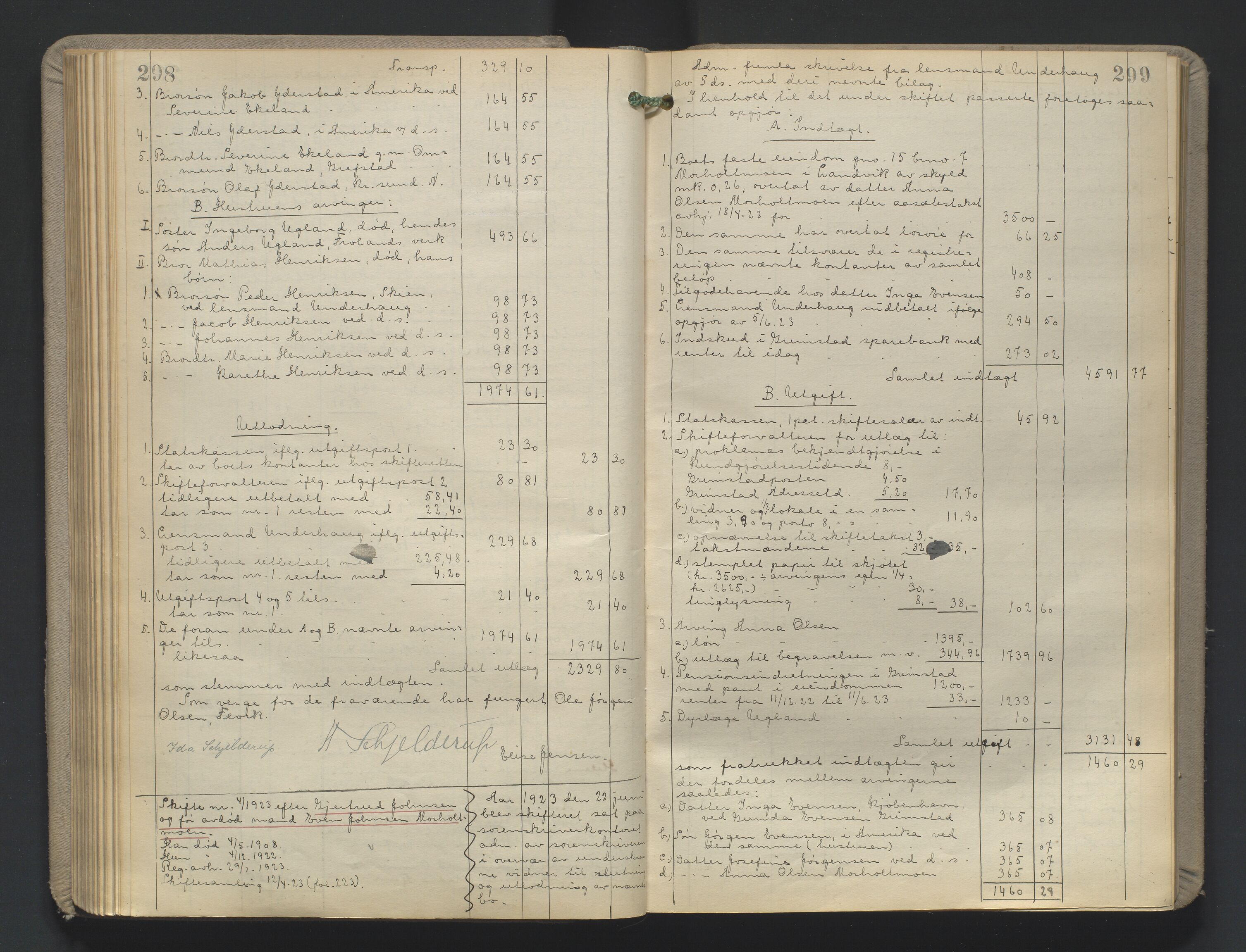 Vestre Nedenes/Sand sorenskriveri, AV/SAK-1221-0010/H/Hc/L0022: Skifteutlodningsprotokoll nr. 9, 1919-1932, s. 298-299