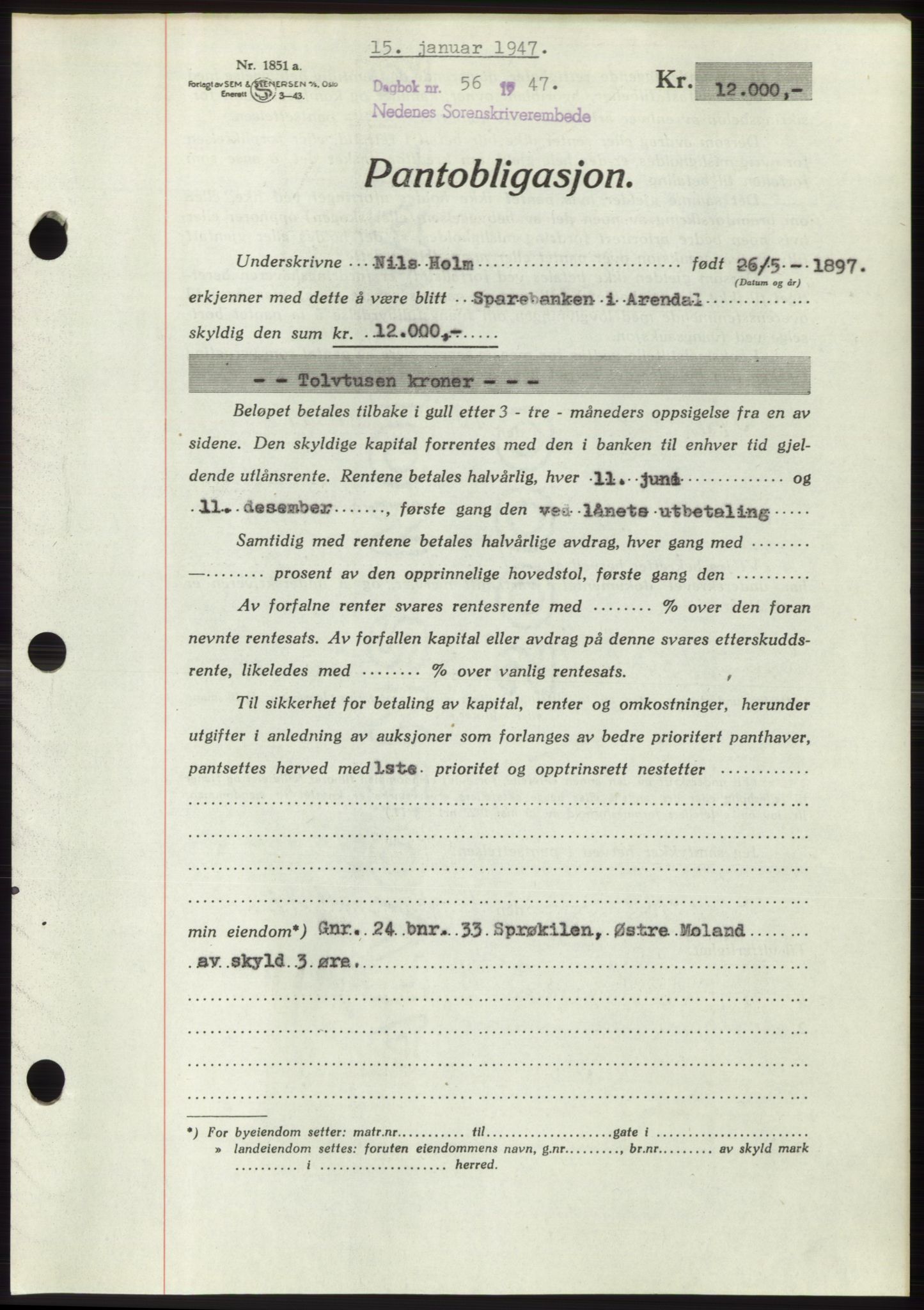 Nedenes sorenskriveri, SAK/1221-0006/G/Gb/Gbb/L0004: Pantebok nr. B4, 1947-1947, Dagboknr: 56/1947