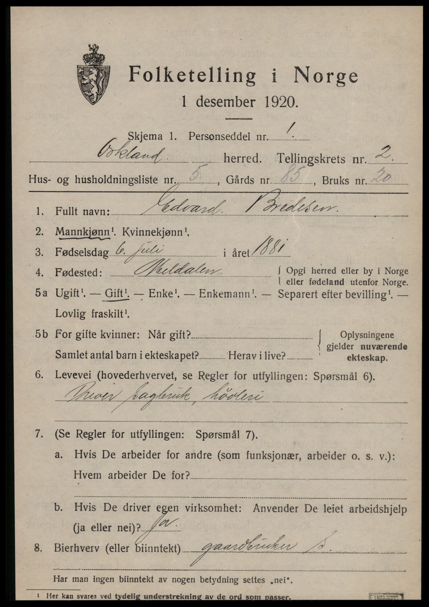 SAT, Folketelling 1920 for 1637 Orkland herred, 1920, s. 1734