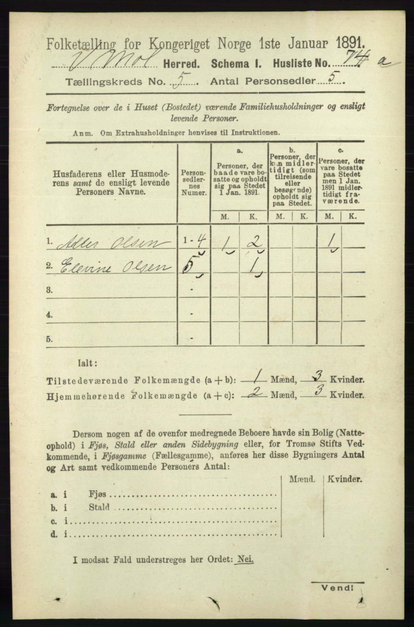 RA, Folketelling 1891 for 0926 Vestre Moland herred, 1891, s. 1833