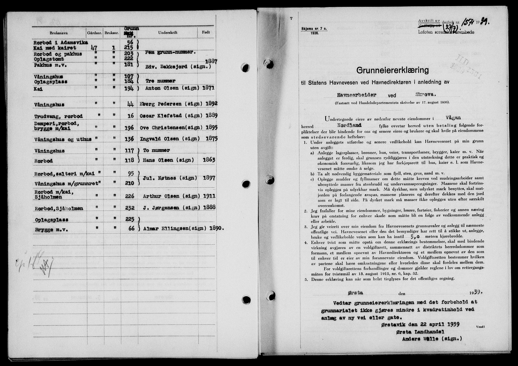 Lofoten sorenskriveri, SAT/A-0017/1/2/2C/L0006a: Pantebok nr. 6a, 1939-1939, Dagboknr: 1571/1939