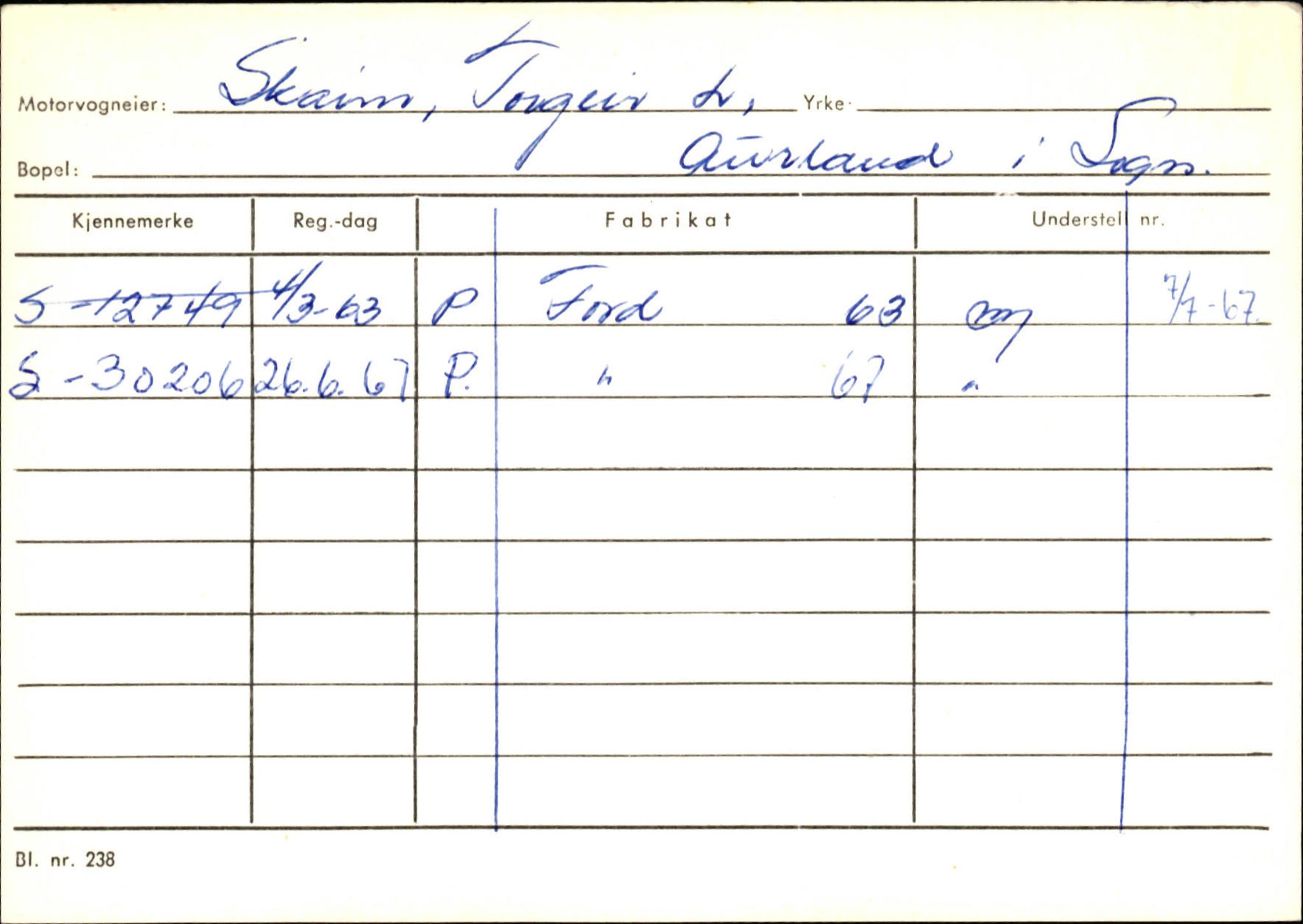 Statens vegvesen, Sogn og Fjordane vegkontor, SAB/A-5301/4/F/L0125: Eigarregister Sogndal V-Å. Aurland A-Å. Fjaler A-N, 1945-1975, s. 1002