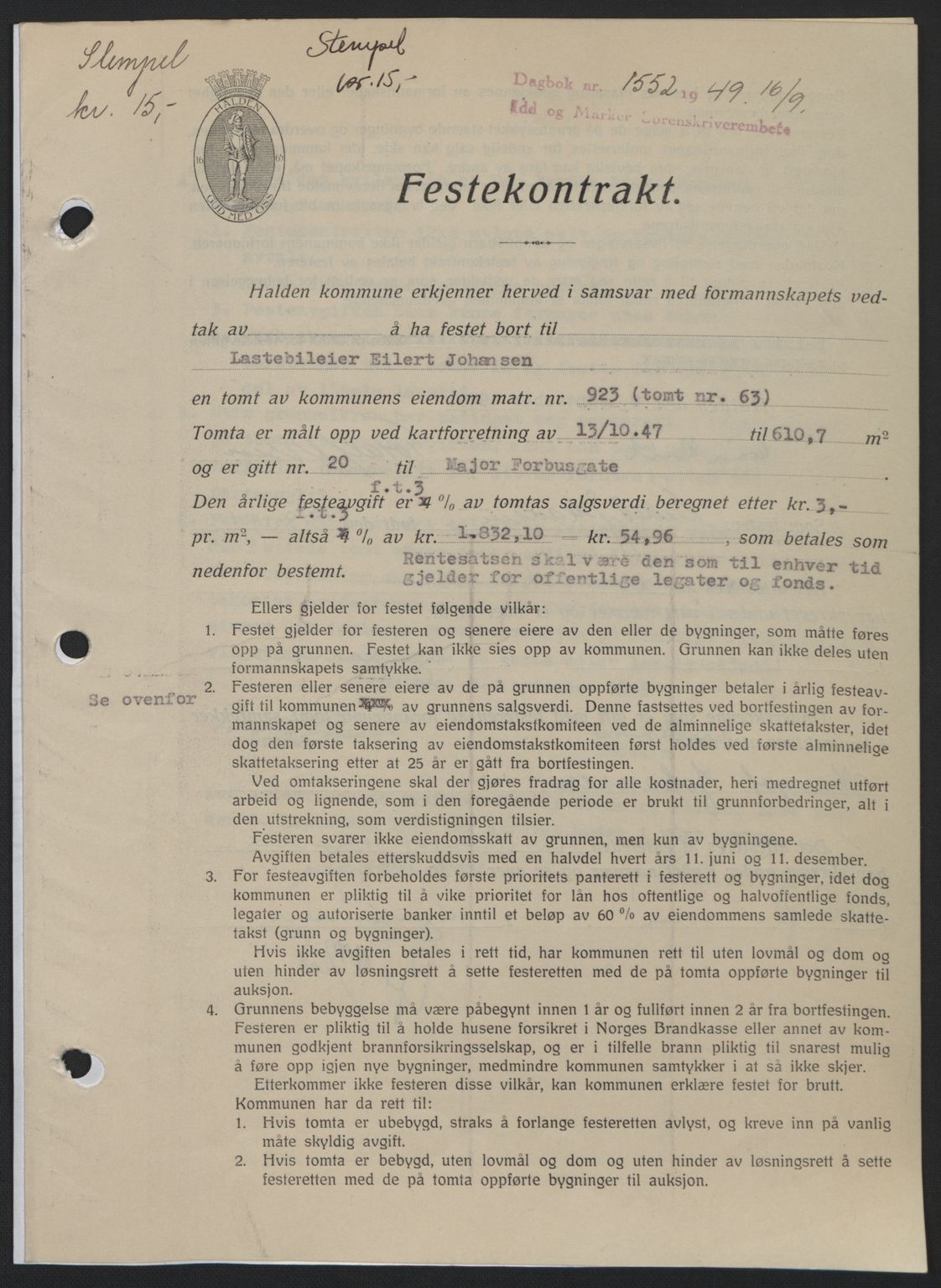 Idd og Marker sorenskriveri, SAO/A-10283/G/Gb/Gbb/L0012: Pantebok nr. A12, 1949-1949, Dagboknr: 1552/1949