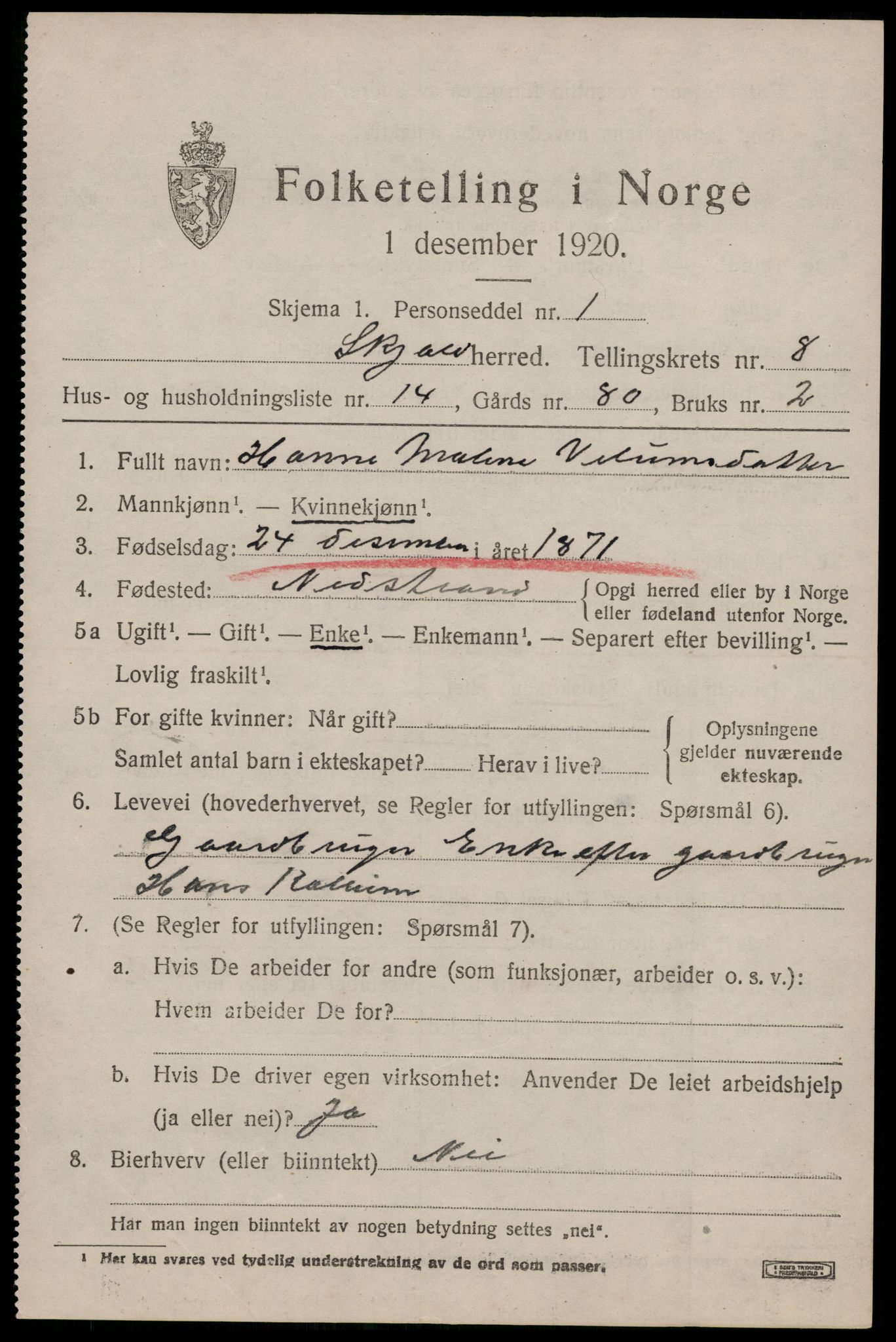 SAST, Folketelling 1920 for 1154 Skjold herred, 1920, s. 4316