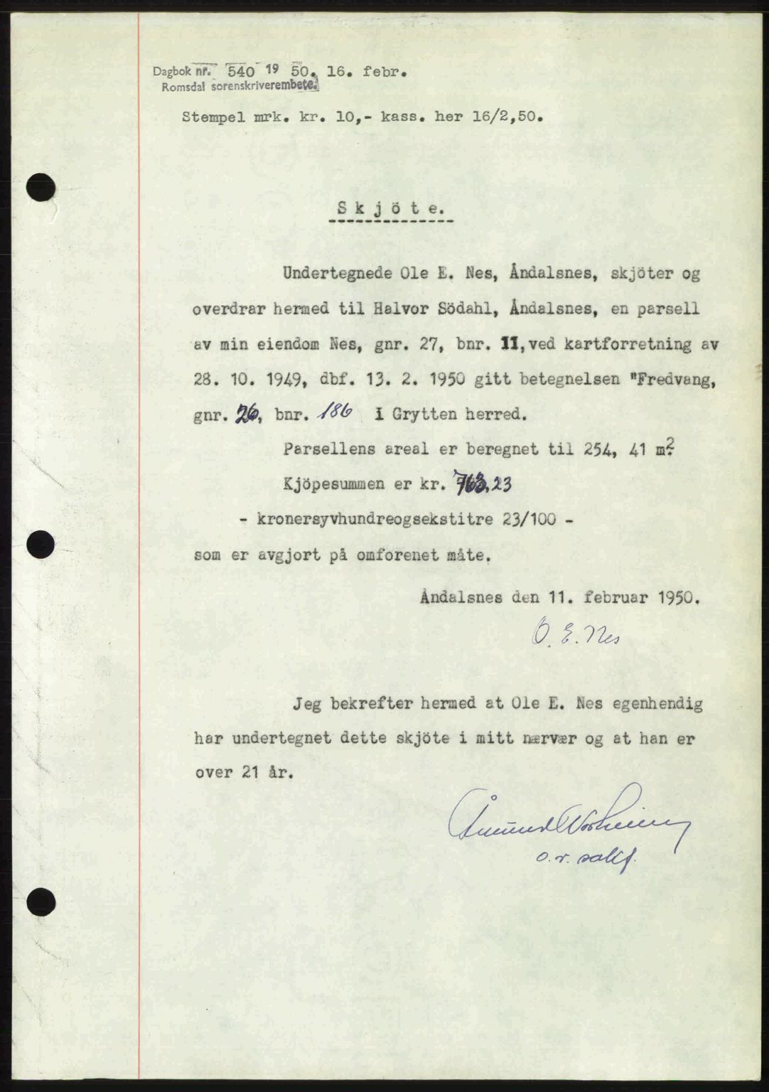 Romsdal sorenskriveri, SAT/A-4149/1/2/2C: Pantebok nr. A32, 1950-1950, Dagboknr: 540/1950