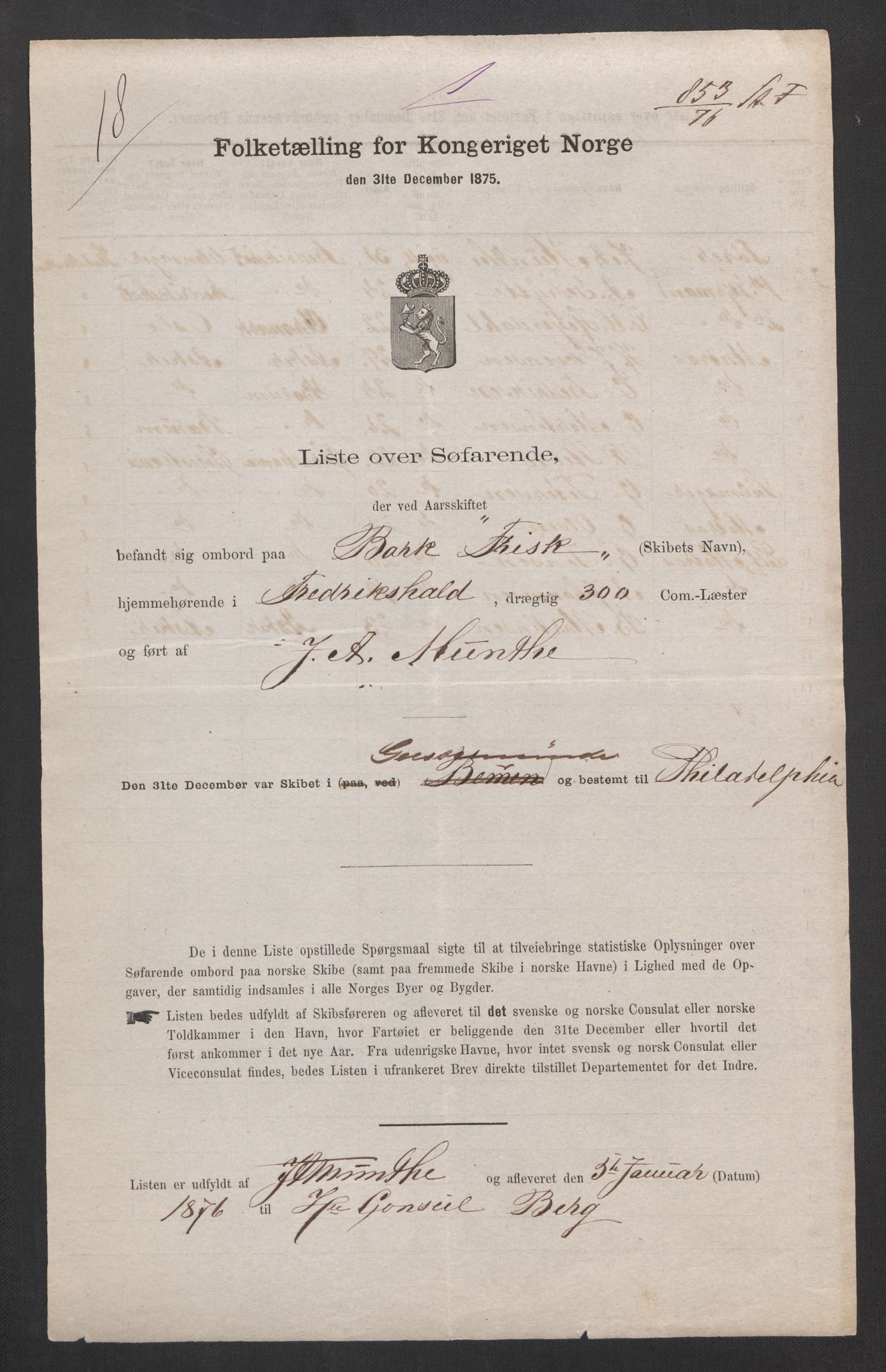 RA, Folketelling 1875, skipslister: Skip i utenrikske havner, hjemmehørende i byer og ladesteder, Fredrikshald - Arendal, 1875, s. 2