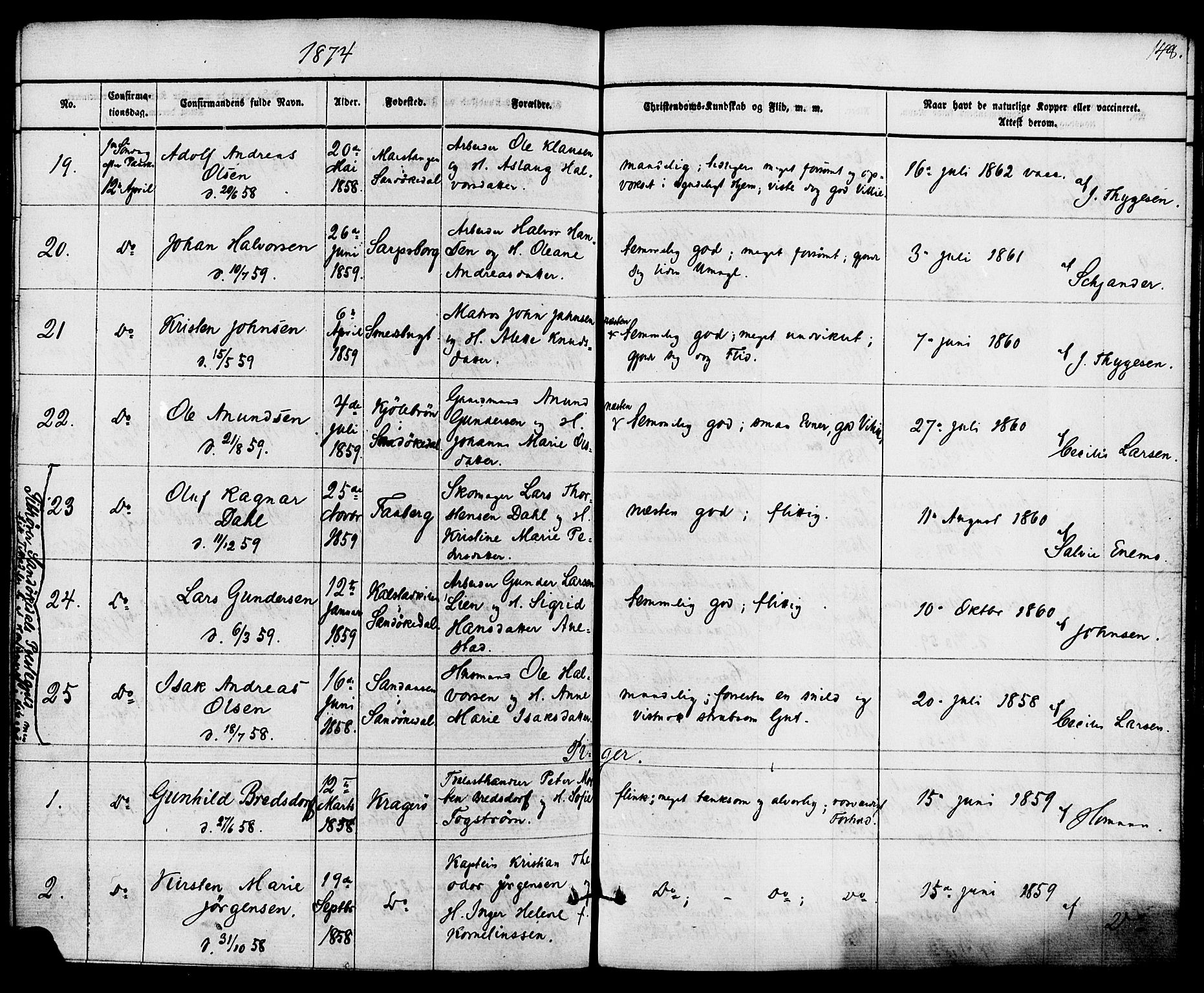 Kragerø kirkebøker, AV/SAKO-A-278/F/Fa/L0008: Ministerialbok nr. 8, 1856-1880, s. 148