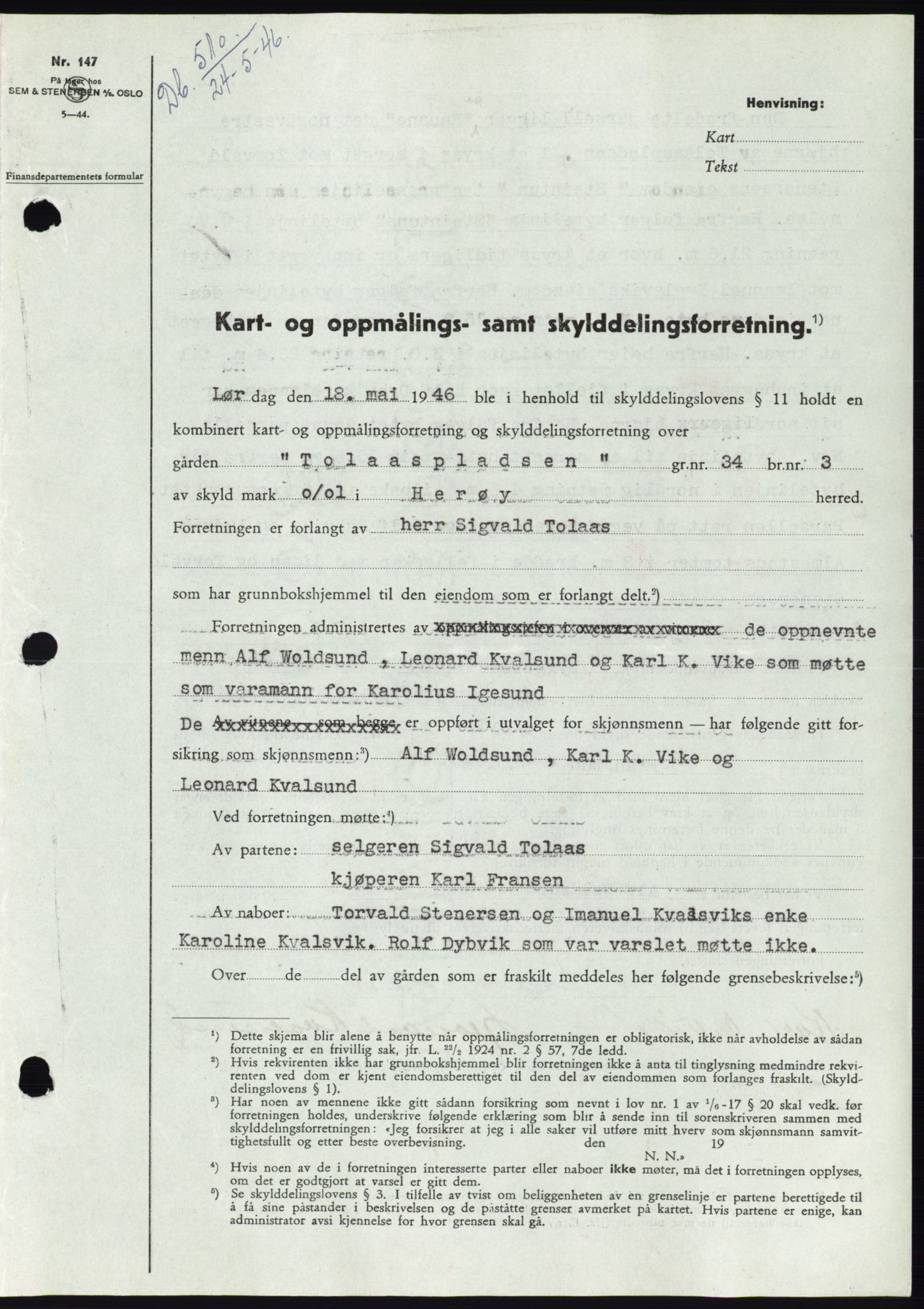 Søre Sunnmøre sorenskriveri, SAT/A-4122/1/2/2C/L0078: Pantebok nr. 4A, 1946-1946, Dagboknr: 510/1946