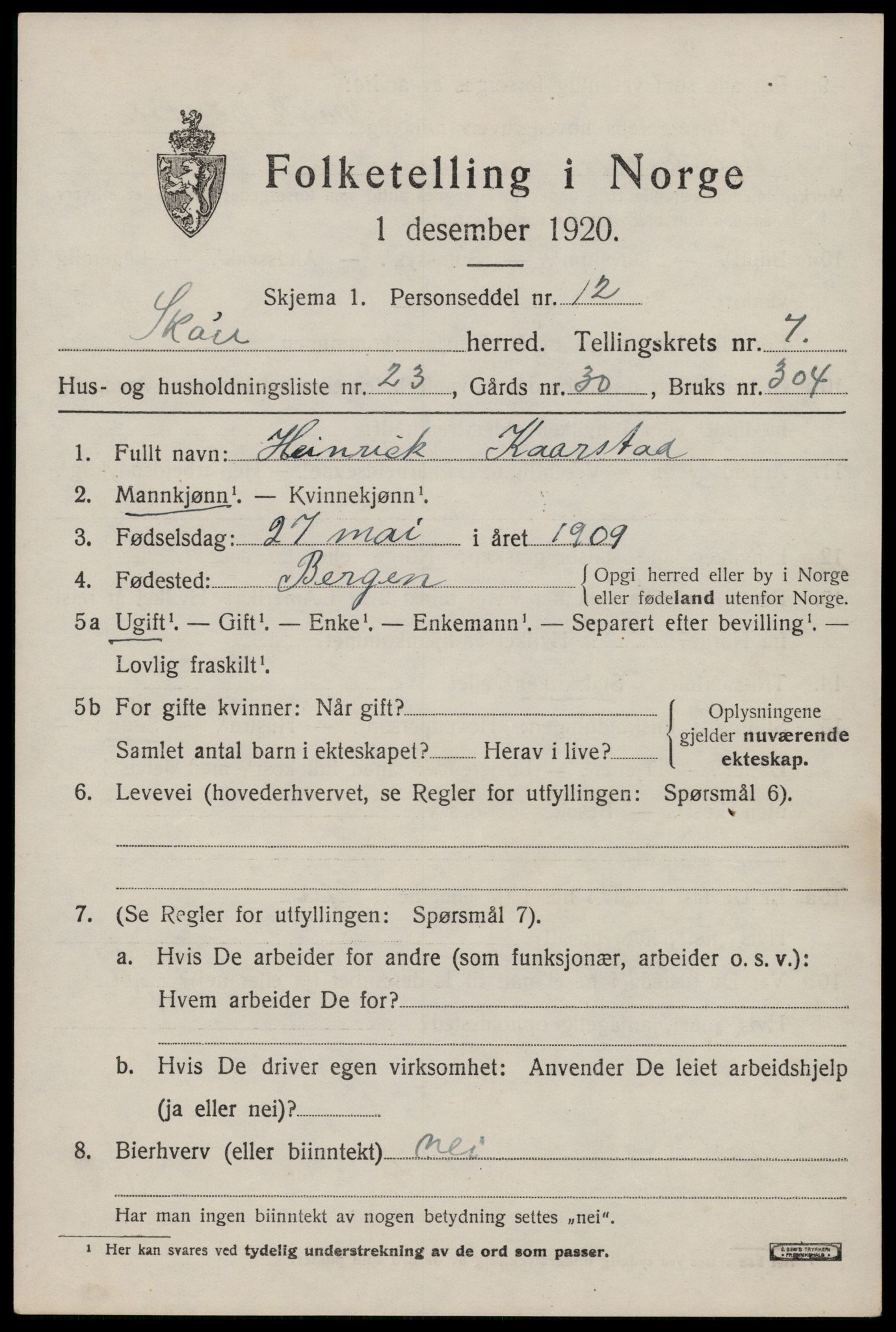 SAST, Folketelling 1920 for 1153 Skåre herred, 1920, s. 5236