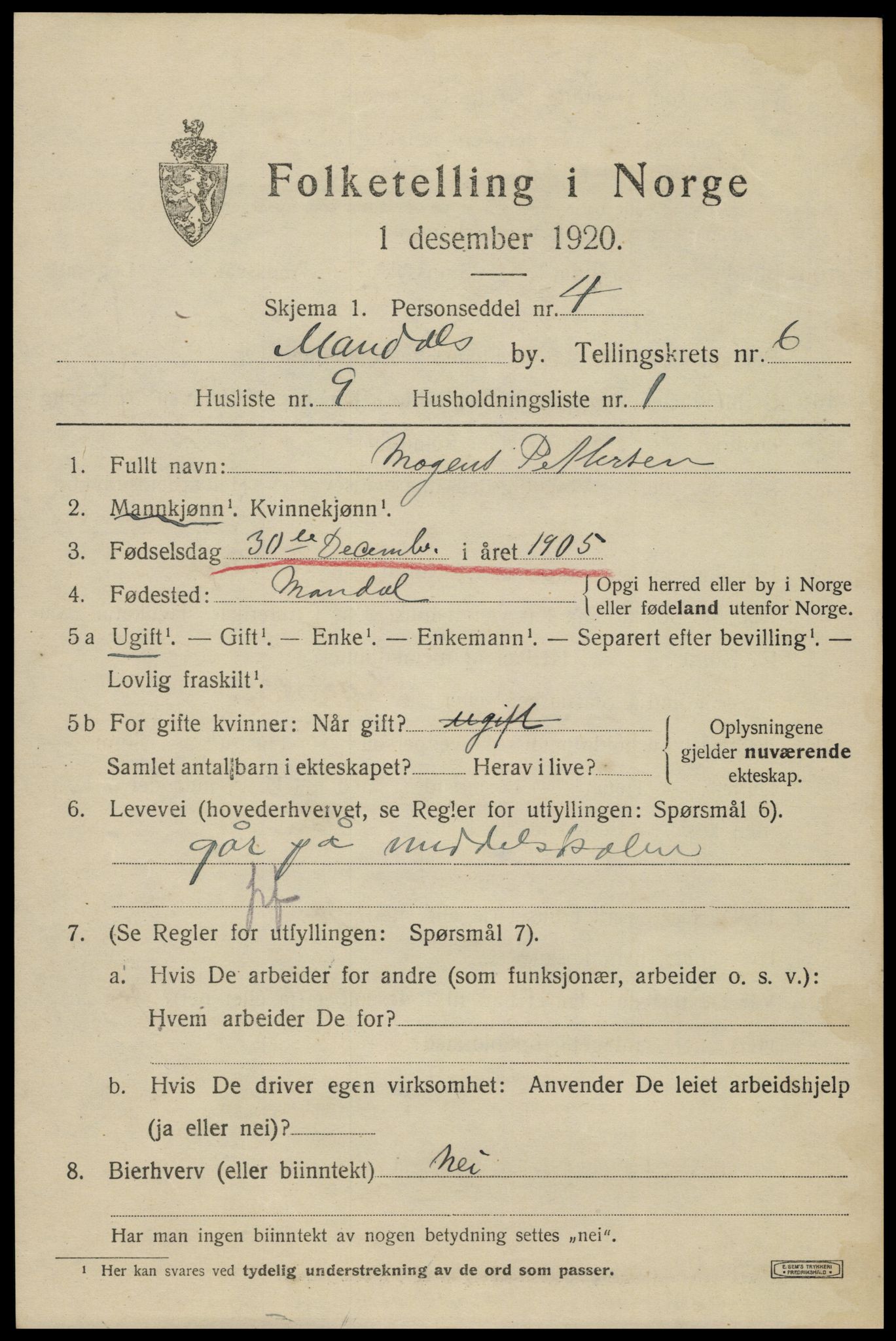 SAK, Folketelling 1920 for 1002 Mandal ladested, 1920, s. 9209
