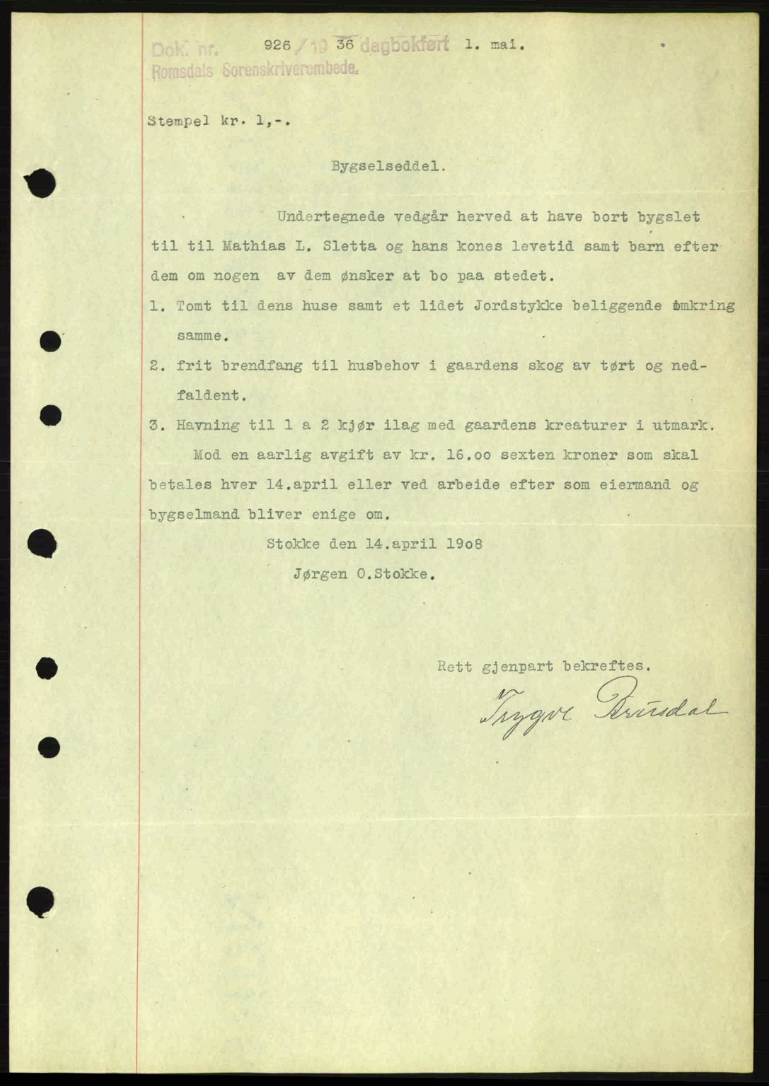 Romsdal sorenskriveri, SAT/A-4149/1/2/2C: Pantebok nr. A1, 1936-1936, Dagboknr: 926/1936