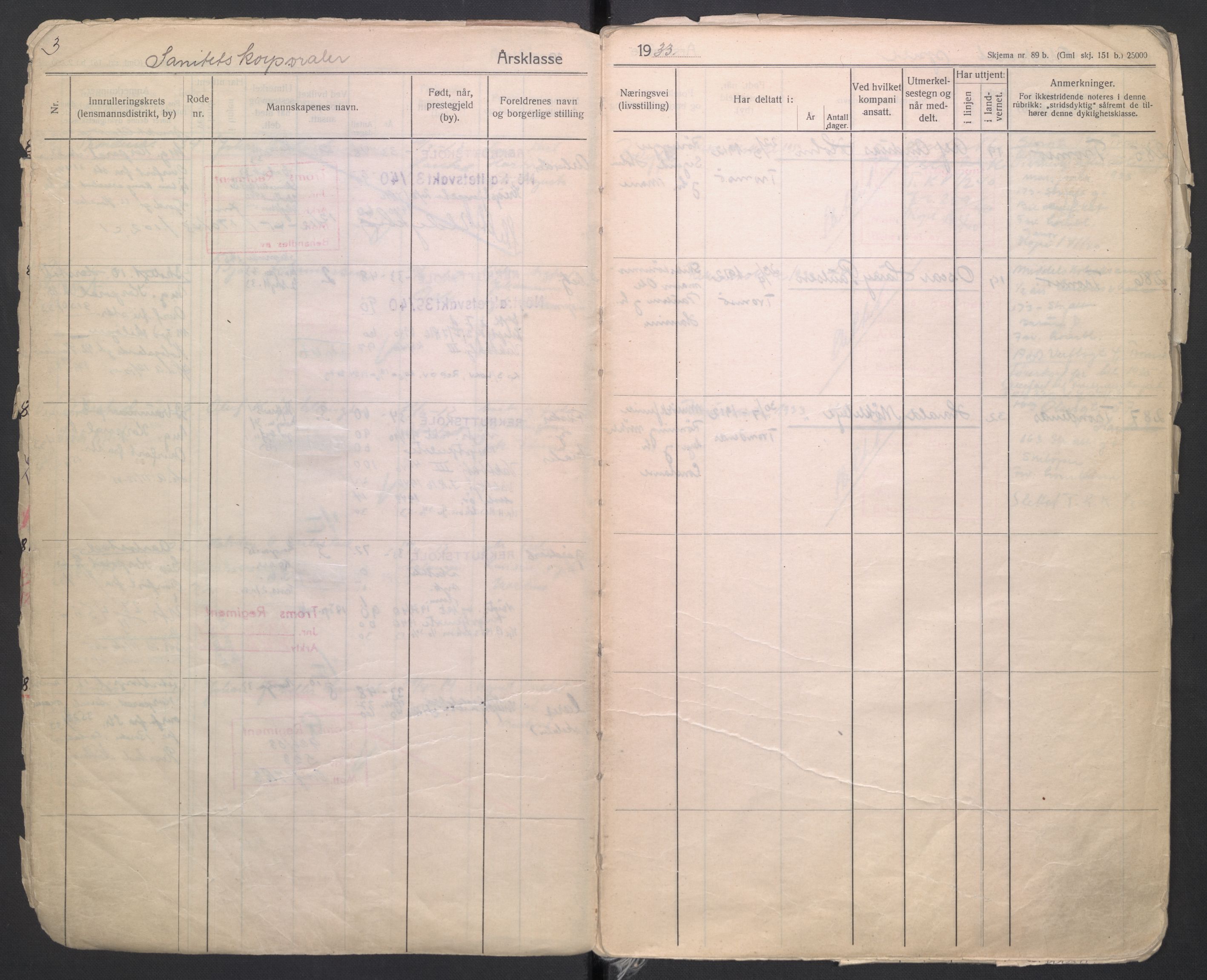 Forsvaret, Troms infanteriregiment nr. 16, AV/RA-RAFA-3146/P/Pa/L0006/0004: Ruller / Rulle for Trondenes bataljons menige mannskaper, årsklasse 1933, 1933