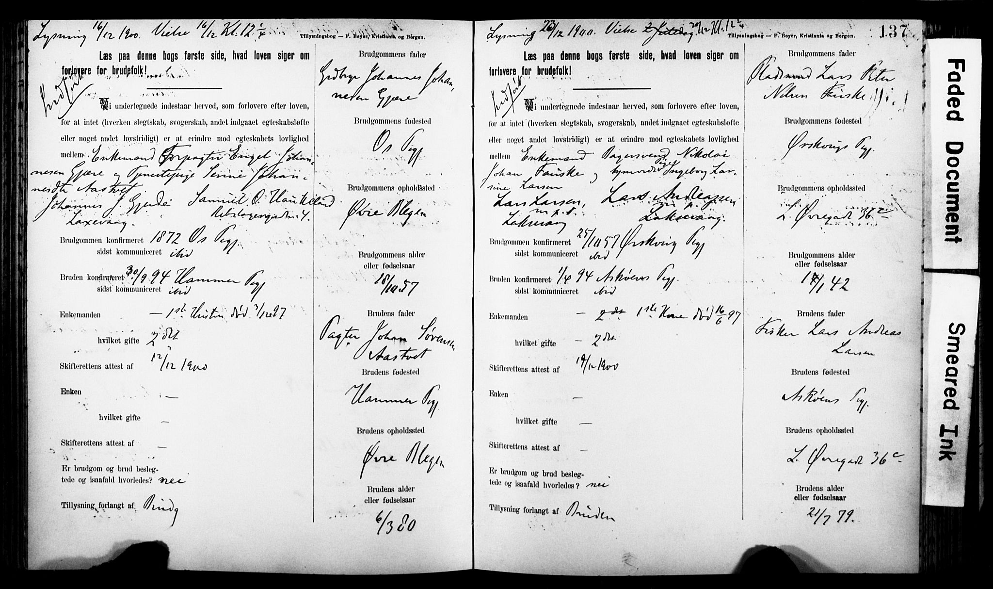 Korskirken sokneprestembete, SAB/A-76101: Forlovererklæringer nr. II.5.7, 1898-1903, s. 137