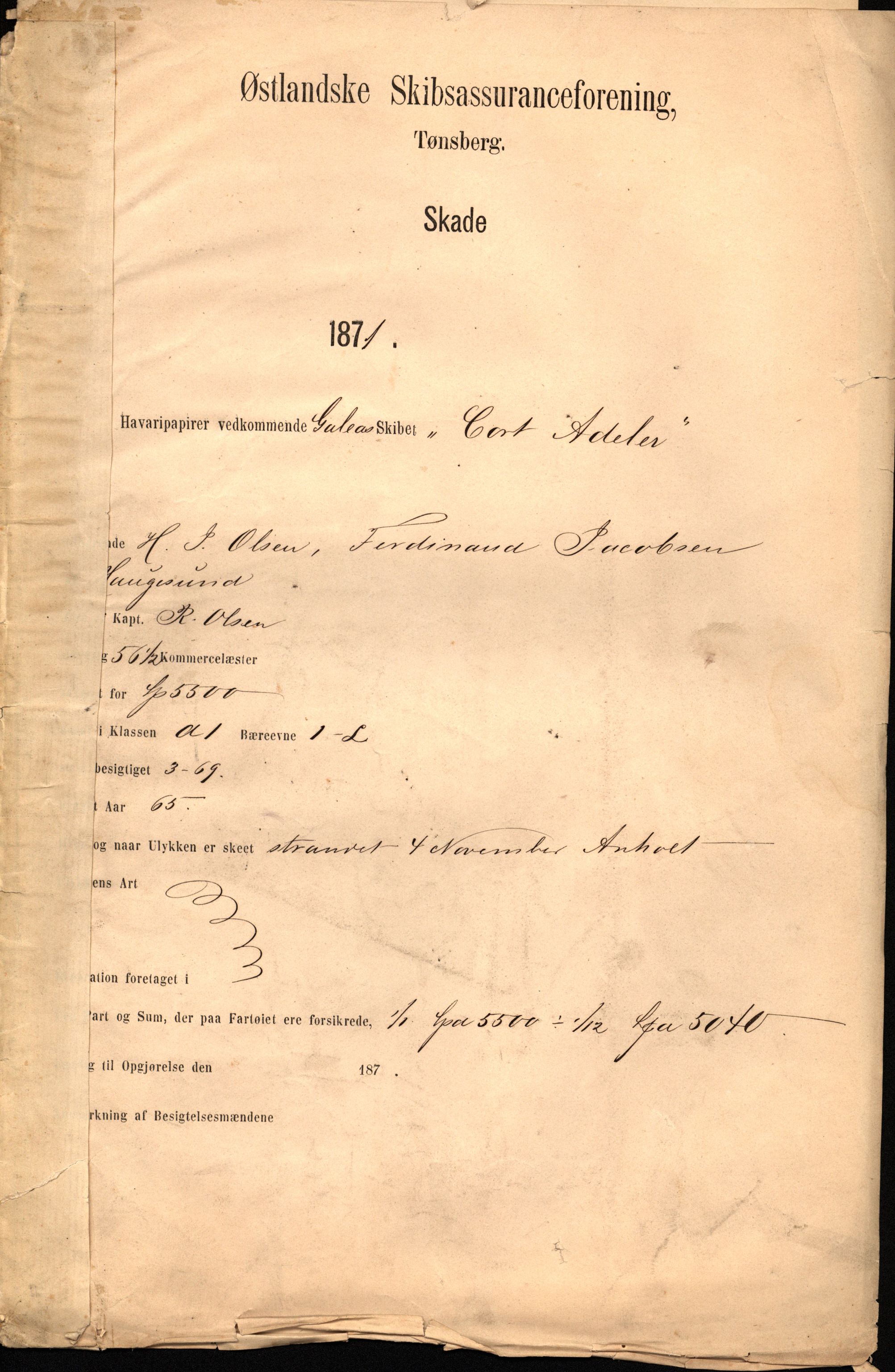 Pa 63 - Østlandske skibsassuranceforening, VEMU/A-1079/G/Ga/L0003/0012: Havaridokumenter / Cort Adeler, 1871