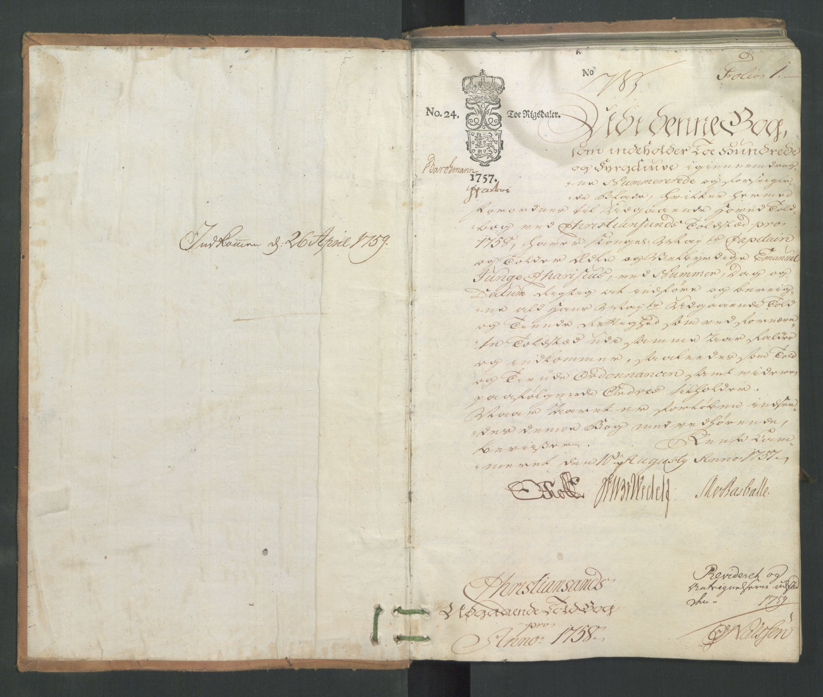 Generaltollkammeret, tollregnskaper, AV/RA-EA-5490/R16/L0039/0001: Tollregnskaper Kristiansand / Utgående hovedtollbok, 1758, s. 1a