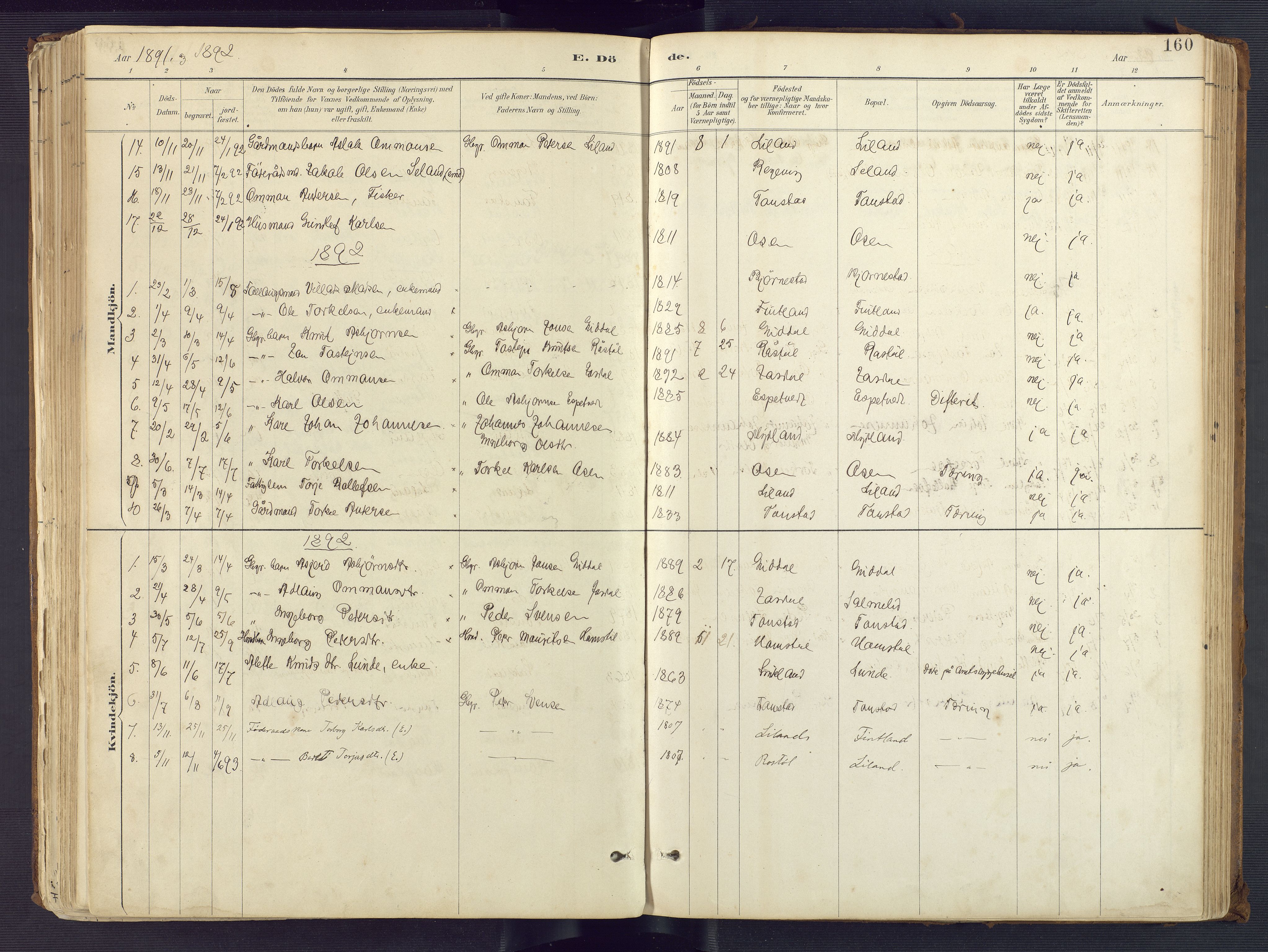 Sirdal sokneprestkontor, AV/SAK-1111-0036/F/Fa/Fab/L0004: Ministerialbok nr. A 4, 1887-1919, s. 160