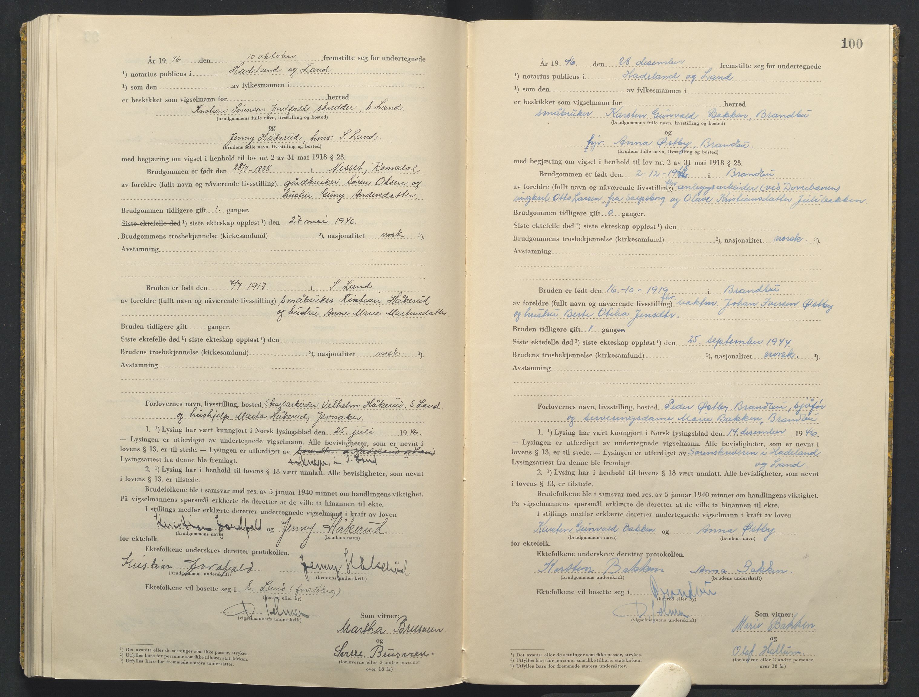 Hadeland og Land tingrett, AV/SAH-TING-010/L/Lb/L0003: Vigselbok, 1944-1946, s. 100