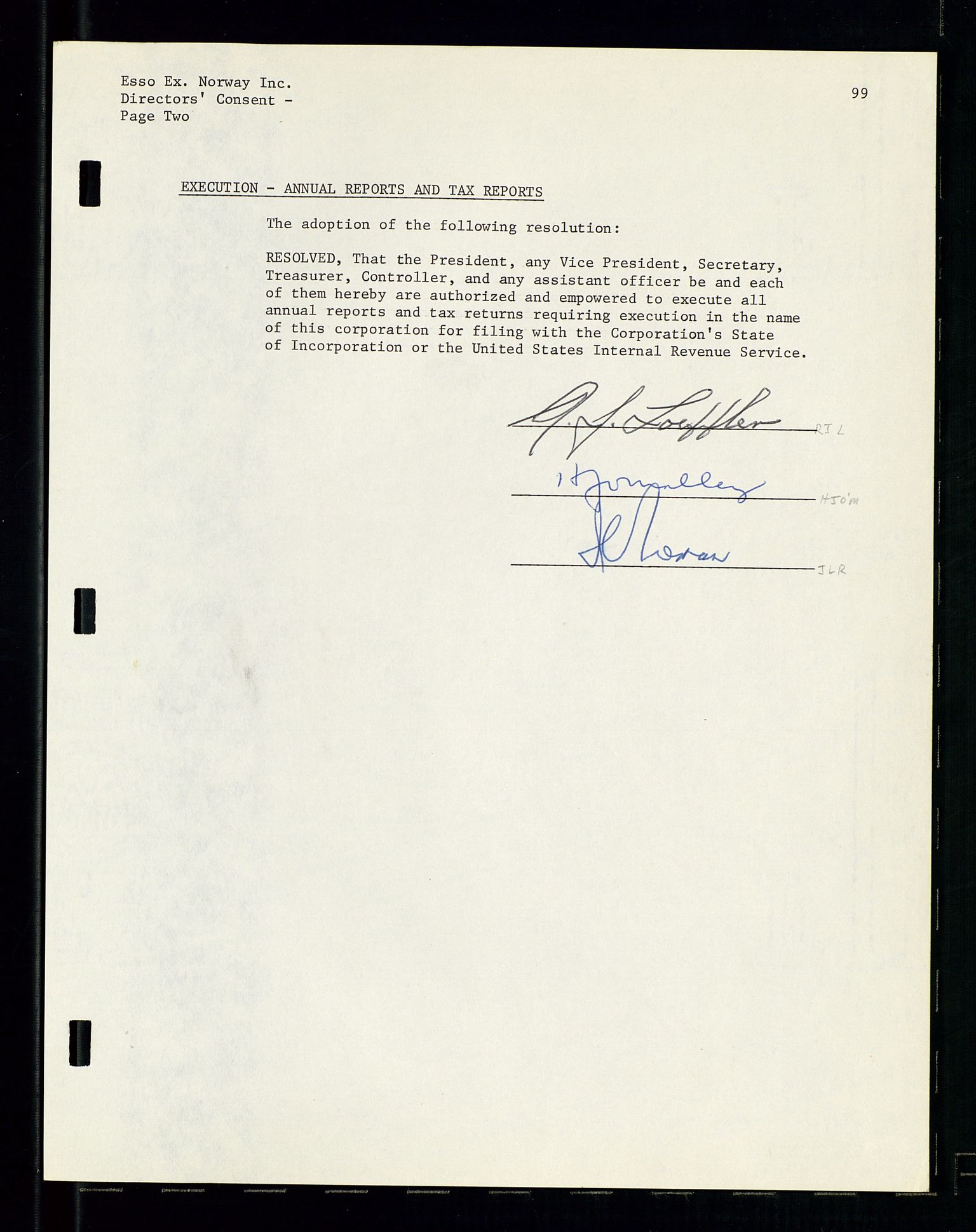 Pa 1512 - Esso Exploration and Production Norway Inc., AV/SAST-A-101917/A/Aa/L0001/0001: Styredokumenter / Corporate records, By-Laws, Board meeting minutes, Incorporations, 1965-1975, s. 99