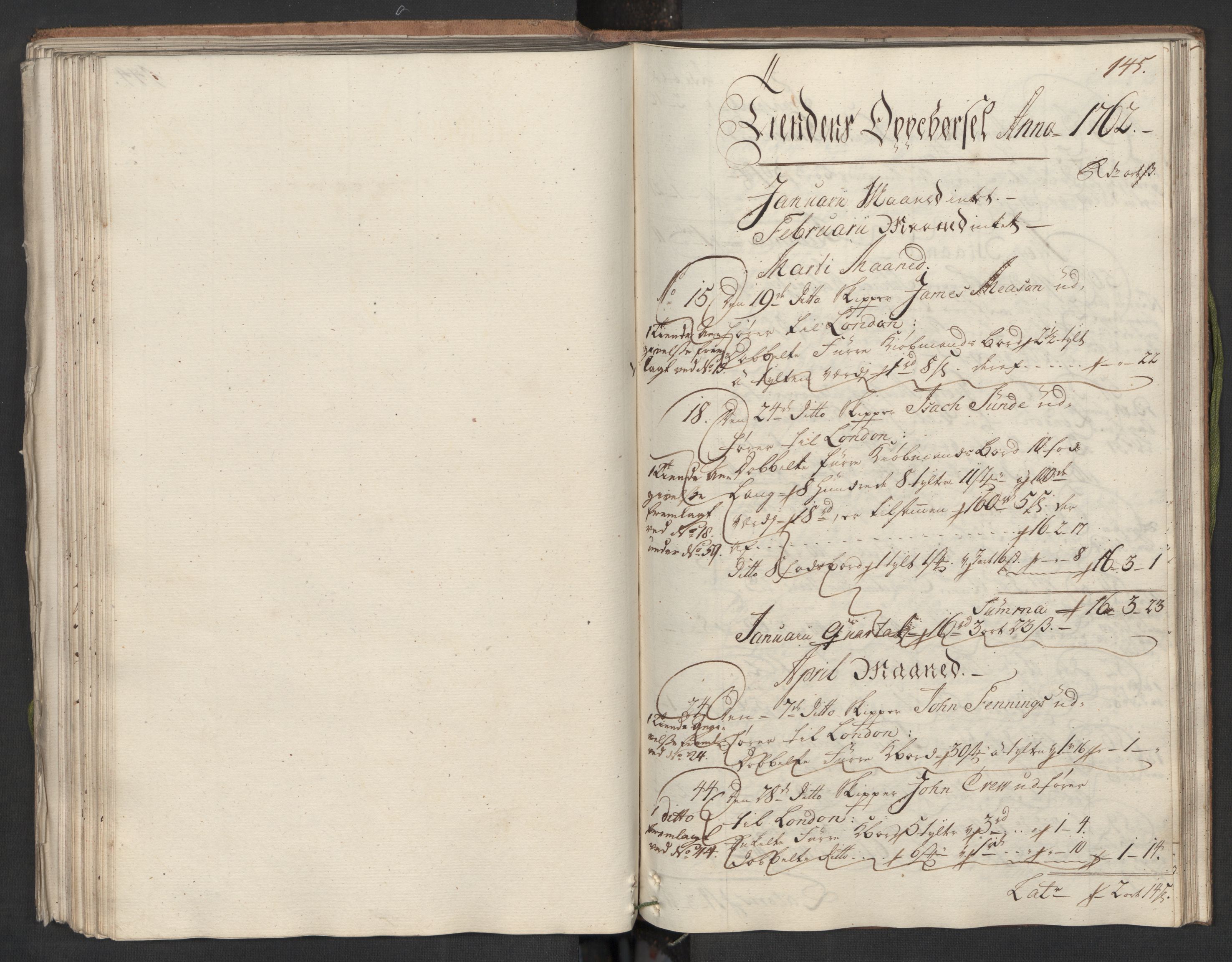 Generaltollkammeret, tollregnskaper, AV/RA-EA-5490/R22/L0024/0001: Tollregnskaper Stavanger / Hovedtollbok, 1762, s. 144b-145a