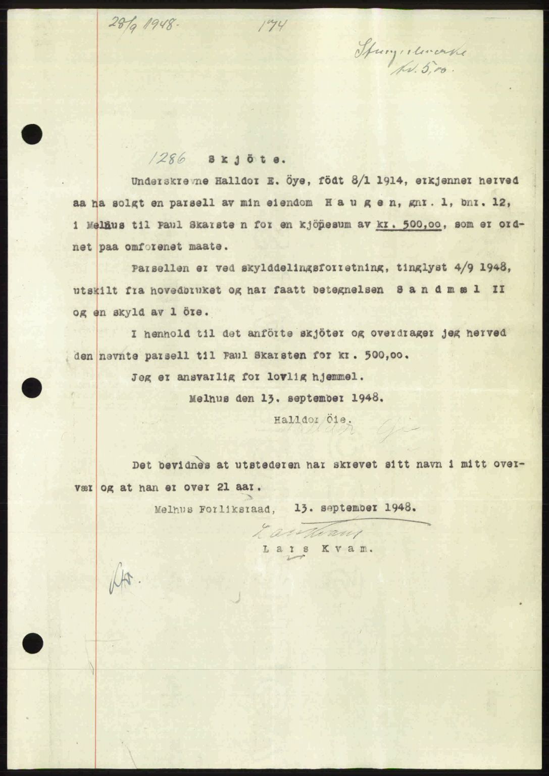 Gauldal sorenskriveri, SAT/A-0014/1/2/2C: Pantebok nr. A6, 1948-1948, Dagboknr: 1286/1948