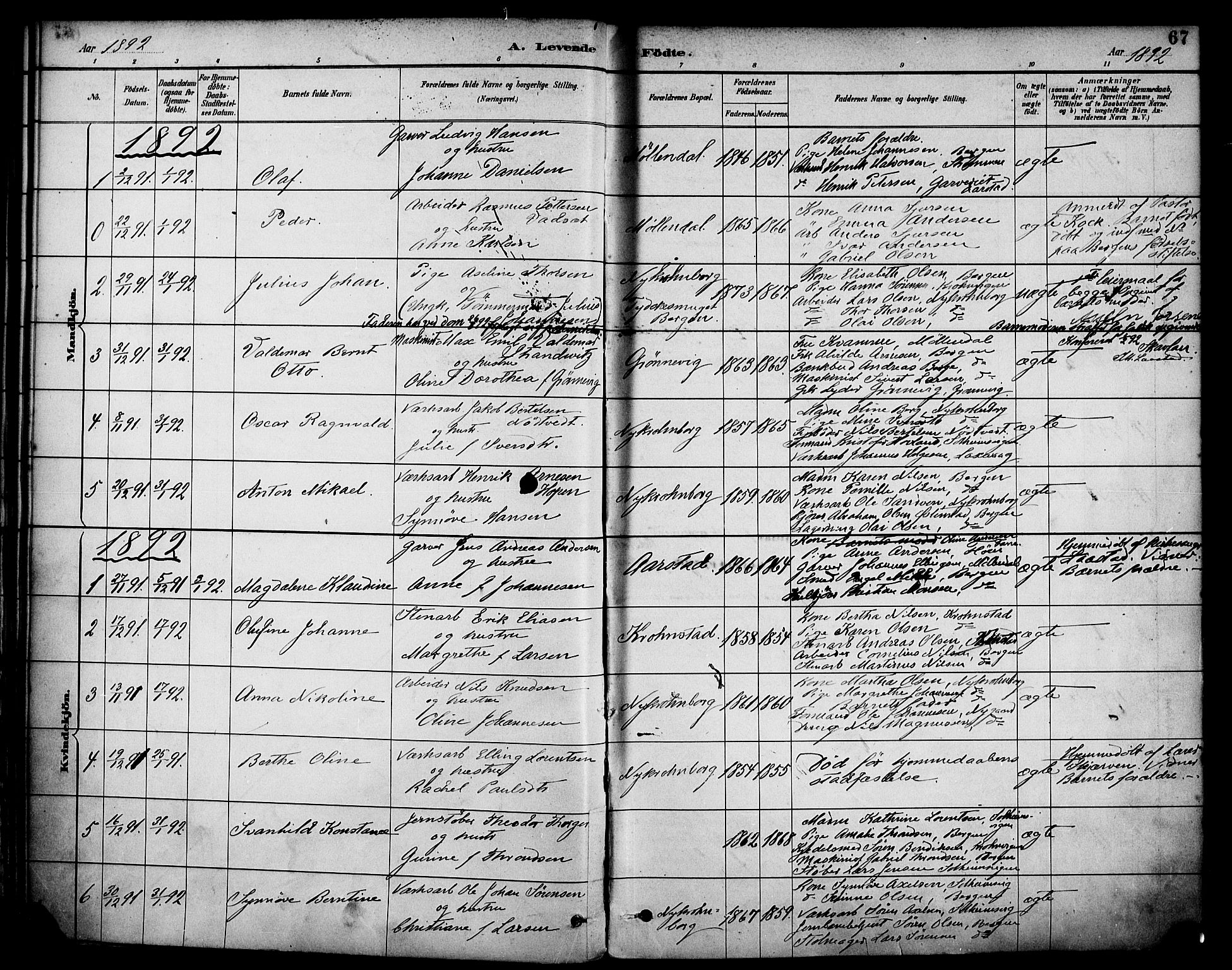 Årstad Sokneprestembete, AV/SAB-A-79301/H/Haa/L0001: Ministerialbok nr. A 1, 1886-1901, s. 67