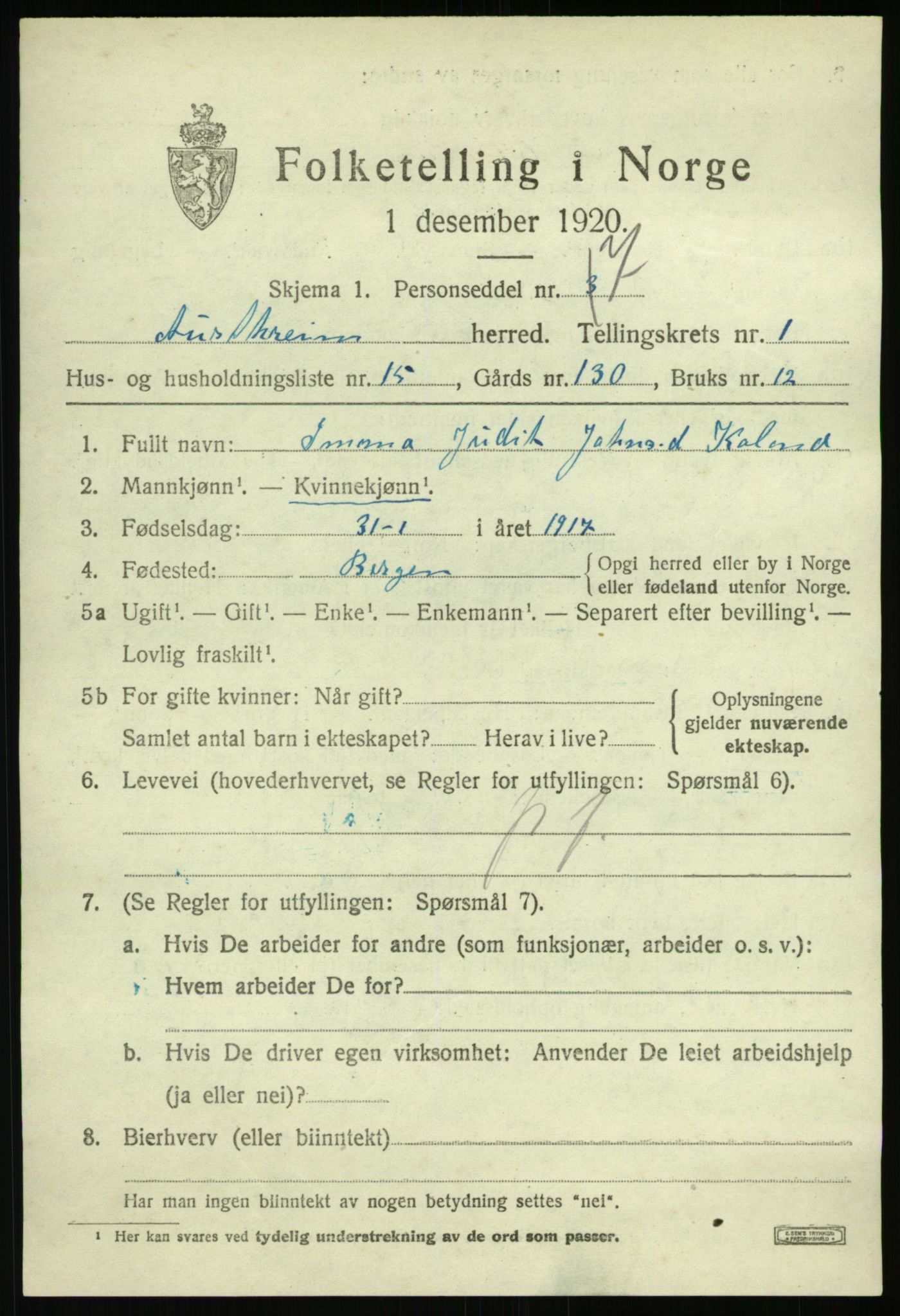 SAB, Folketelling 1920 for 1264 Austrheim herred, 1920, s. 1158