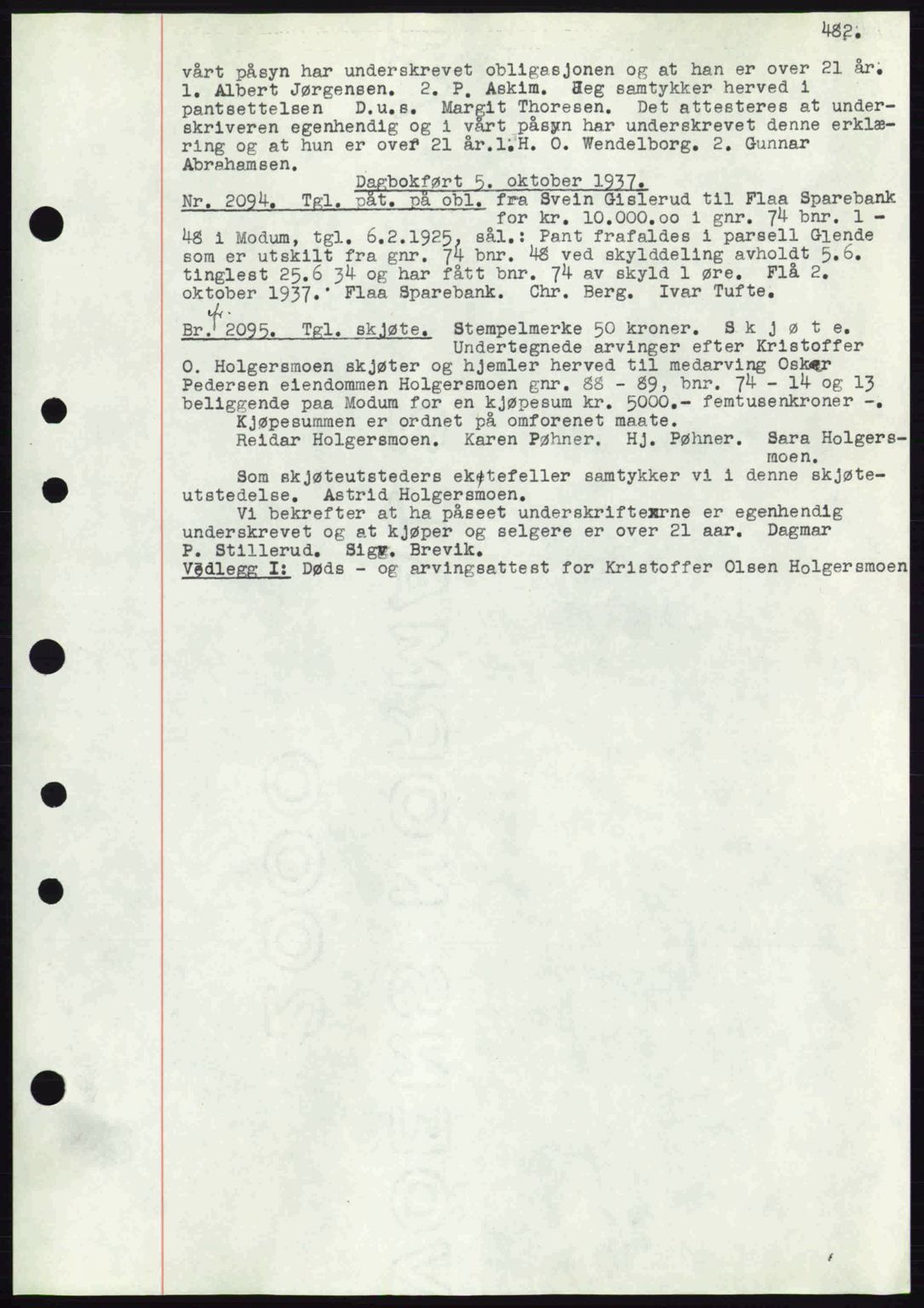 Eiker, Modum og Sigdal sorenskriveri, SAKO/A-123/G/Ga/Gab/L0036: Pantebok nr. A6, 1937-1937, Dagboknr: 2094/1937