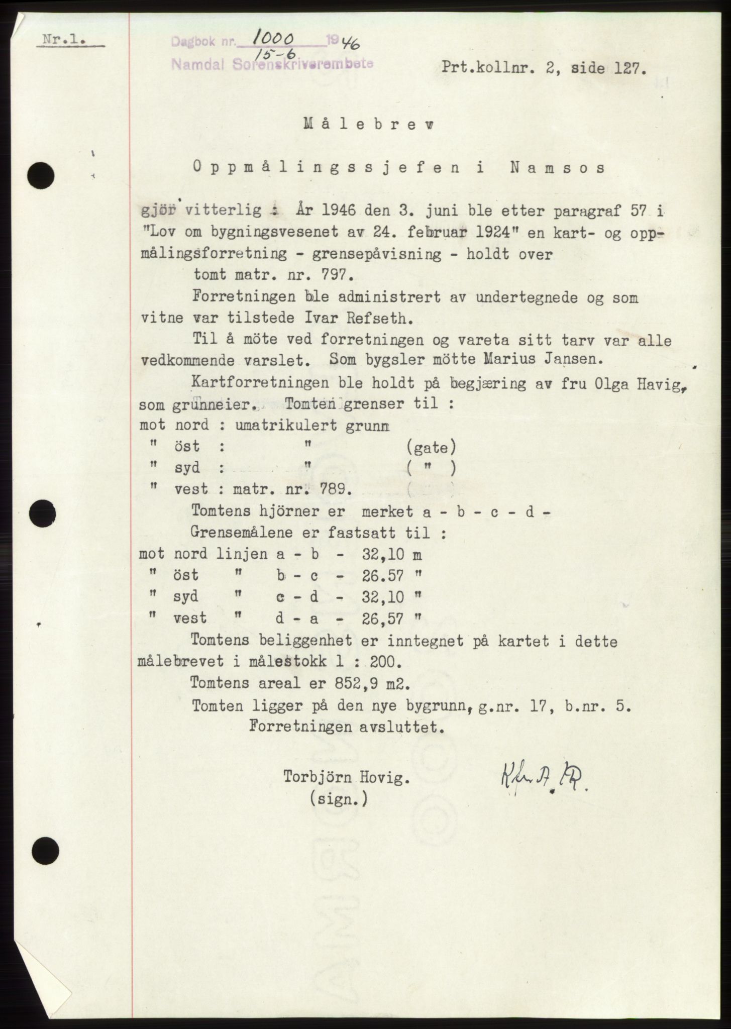 Namdal sorenskriveri, SAT/A-4133/1/2/2C: Pantebok nr. -, 1946-1946, Dagboknr: 1000/1946