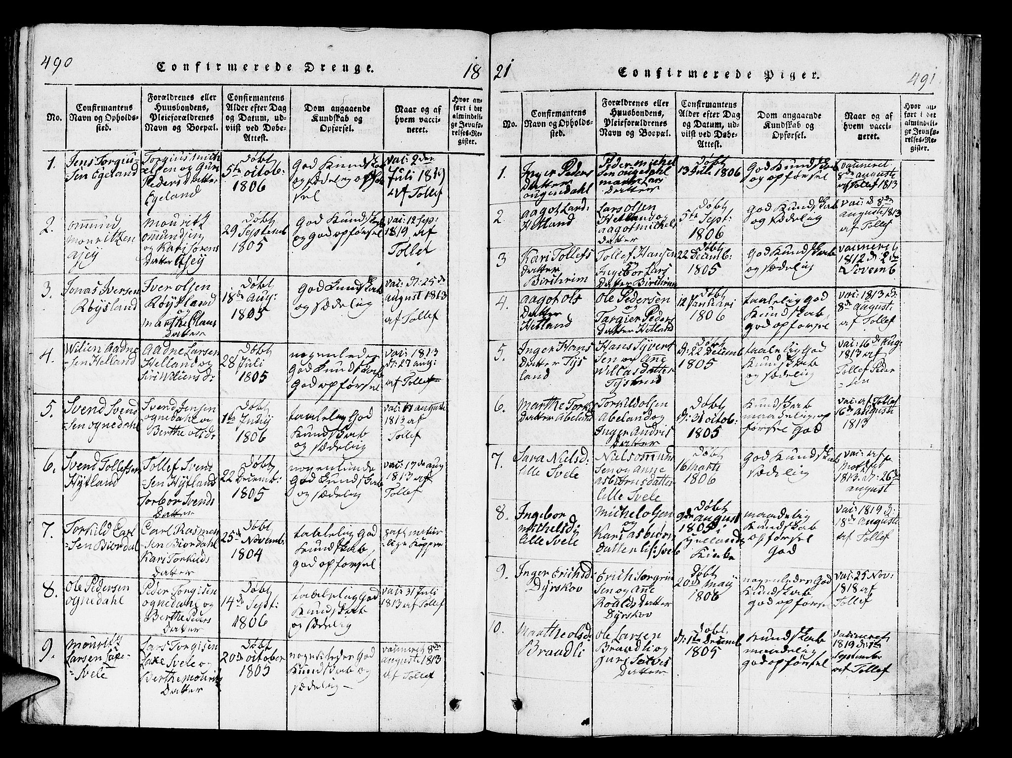 Helleland sokneprestkontor, SAST/A-101810: Ministerialbok nr. A 5, 1815-1834, s. 490-491