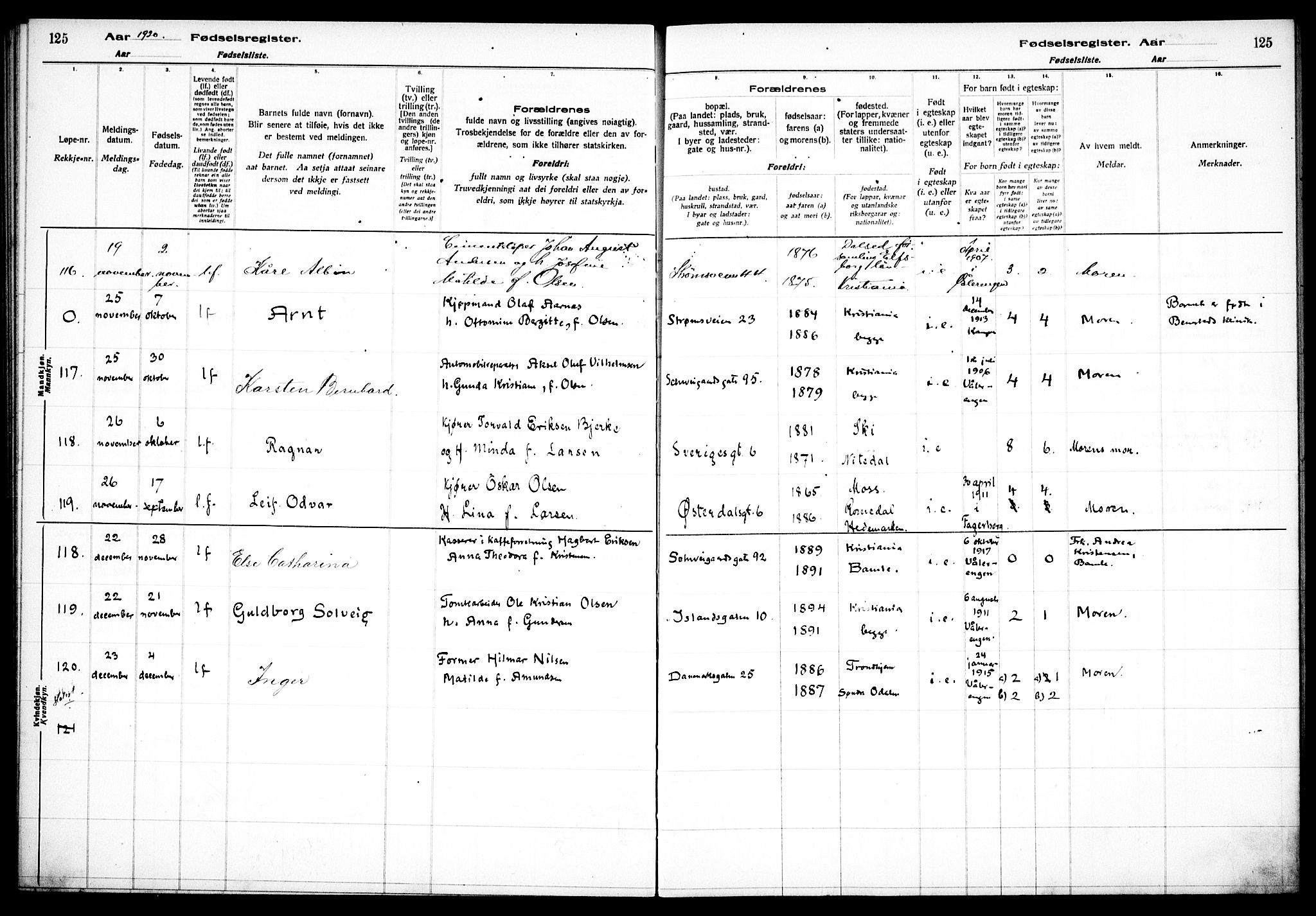 Vålerengen prestekontor Kirkebøker, AV/SAO-A-10878/J/Ja/L0001: Fødselsregister nr. 1, 1916-1924, s. 125