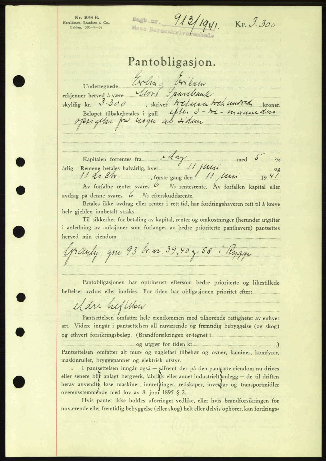 Moss sorenskriveri, SAO/A-10168: Pantebok nr. B10, 1940-1941, Dagboknr: 913/1941