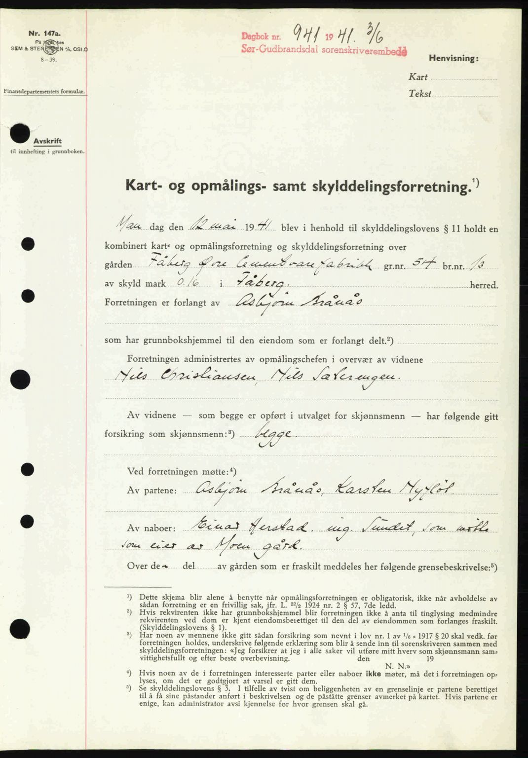 Sør-Gudbrandsdal tingrett, SAH/TING-004/H/Hb/Hbd/L0009: Pantebok nr. A9, 1941-1941, Dagboknr: 941/1941