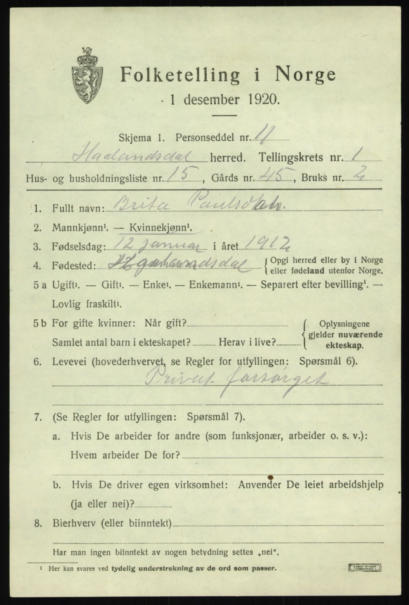 SAB, Folketelling 1920 for 1239 Hålandsdal herred, 1920, s. 458