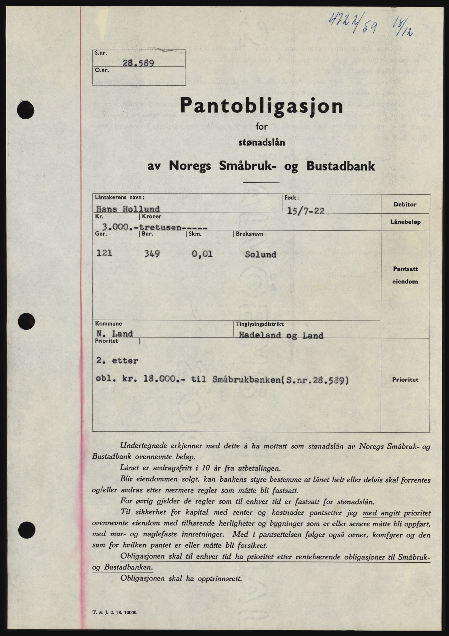 Hadeland og Land tingrett, SAH/TING-010/H/Hb/Hbc/L0042: Pantebok nr. B42, 1959-1960, Dagboknr: 4722/1959