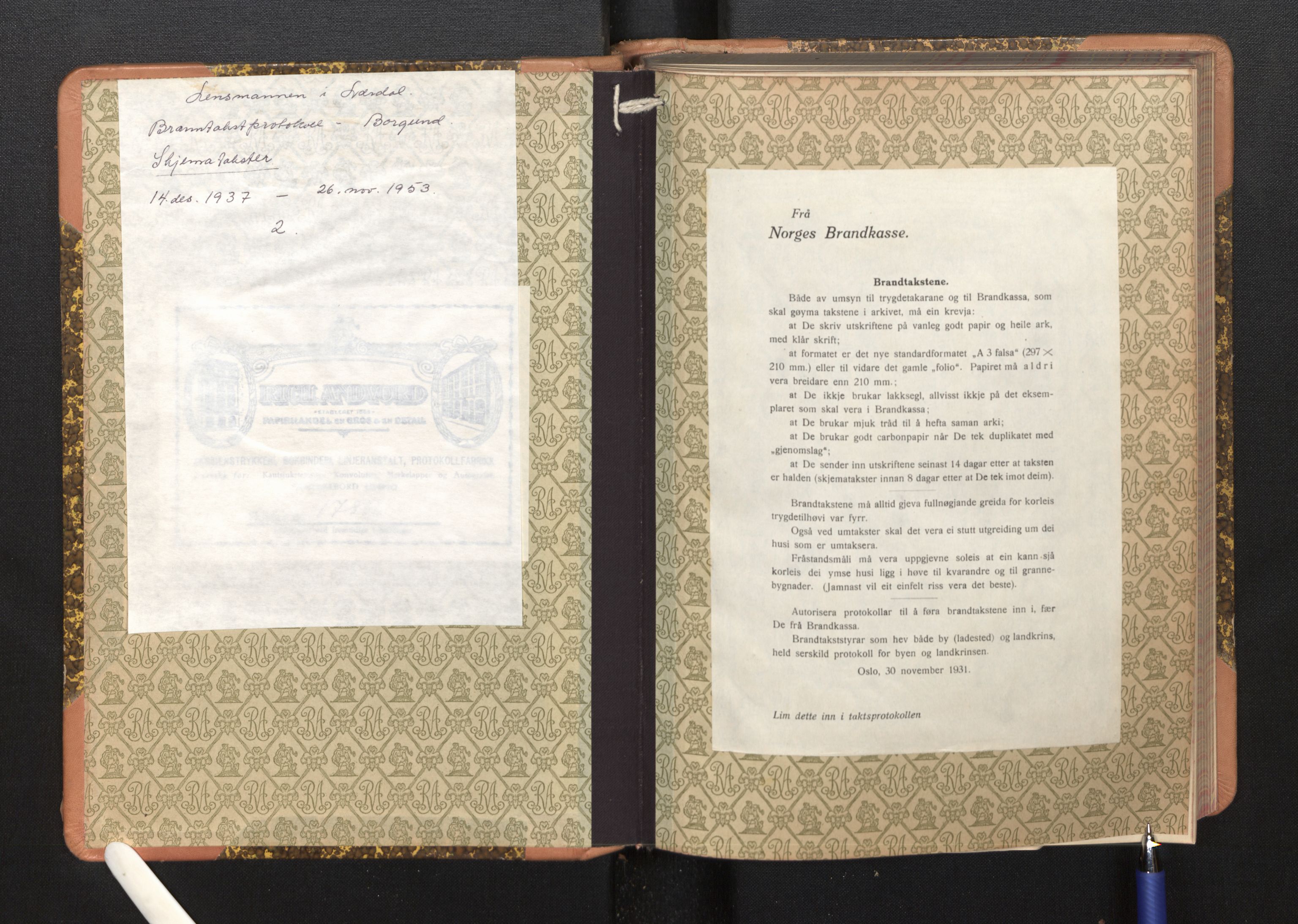 Lensmannen i Borgund, AV/SAB-A-26601/0012/L0004: Branntakstprotokoll, skjematakst, 1937-1953