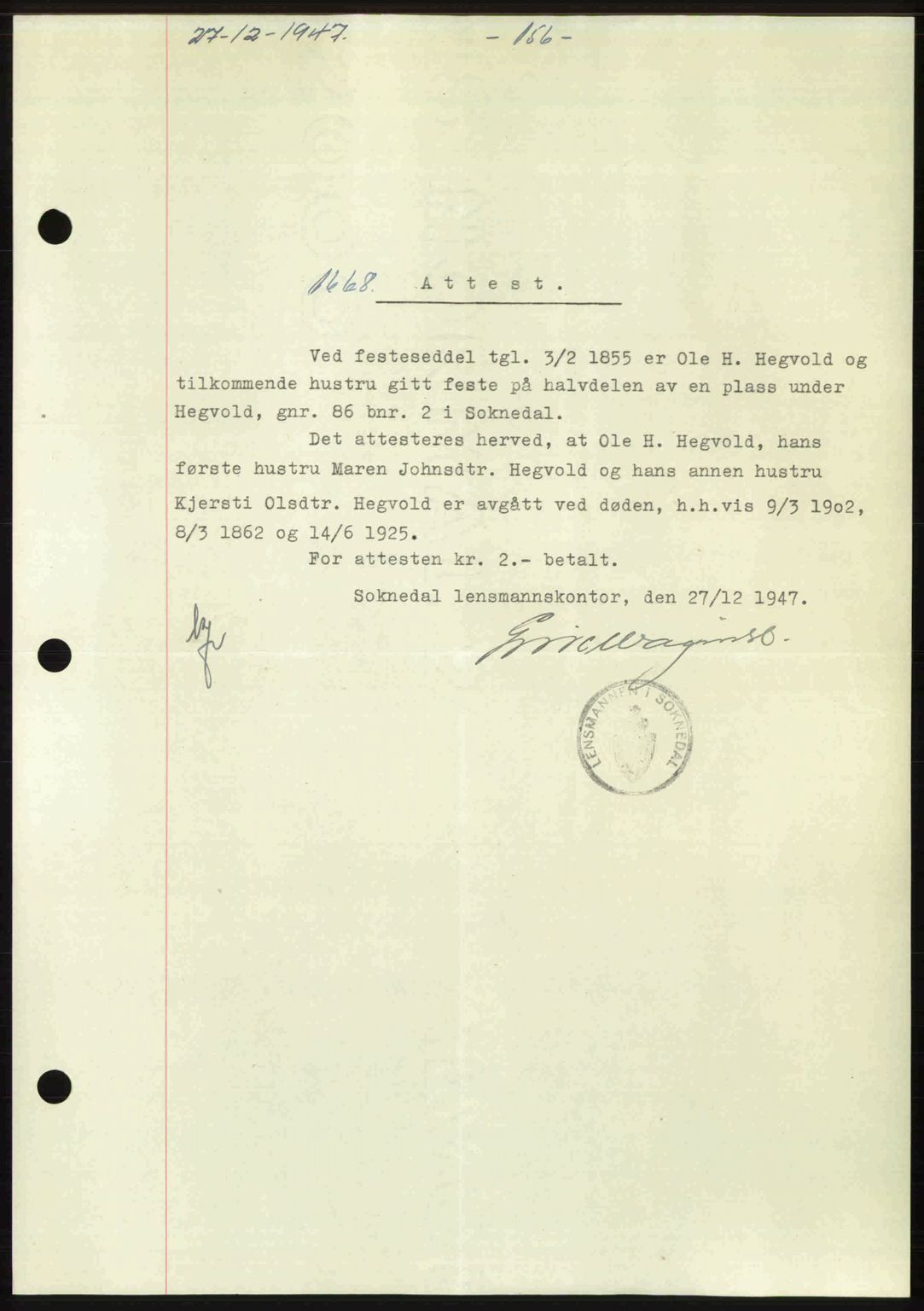 Gauldal sorenskriveri, SAT/A-0014/1/2/2C: Pantebok nr. A5, 1947-1948, Dagboknr: 1668/1947