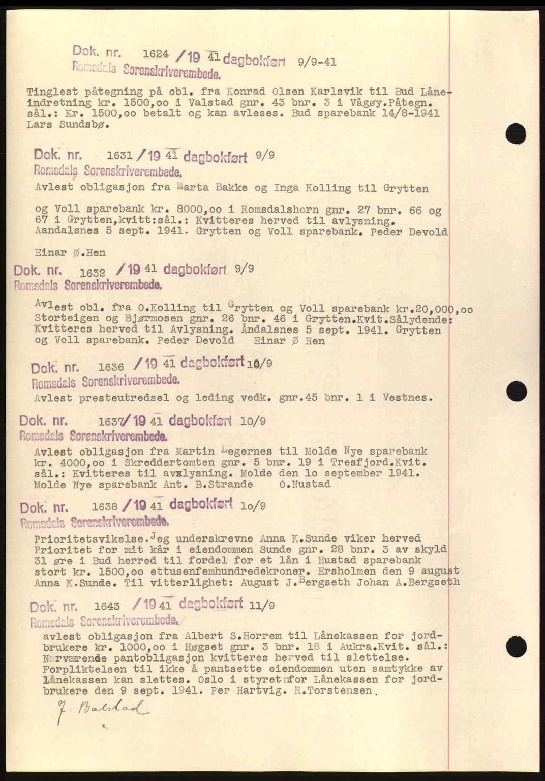 Romsdal sorenskriveri, AV/SAT-A-4149/1/2/2C: Pantebok nr. C1a, 1936-1945, Dagboknr: 1624/1941