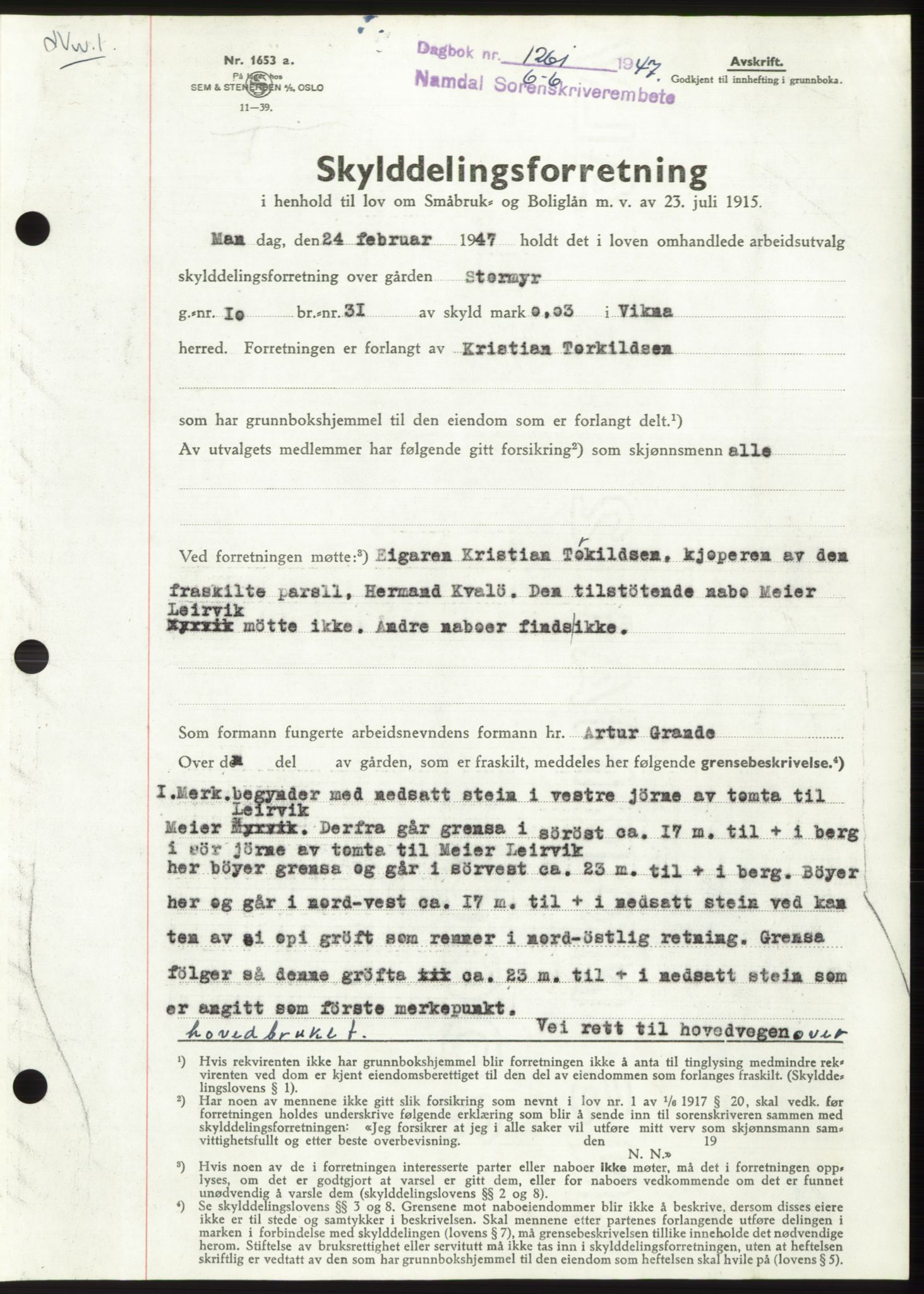 Namdal sorenskriveri, SAT/A-4133/1/2/2C: Pantebok nr. -, 1947-1947, Dagboknr: 1261/1947