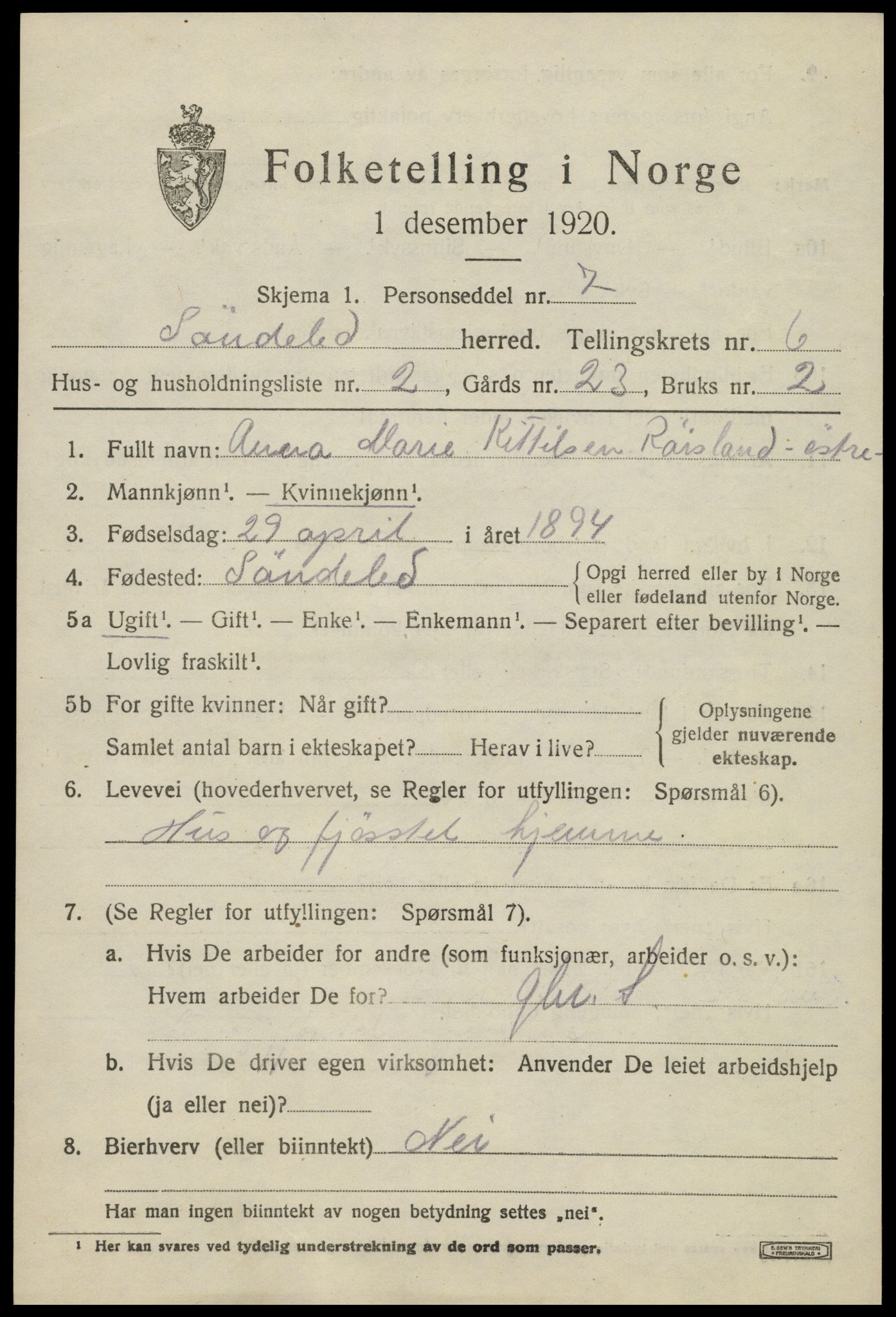 SAK, Folketelling 1920 for 0913 Søndeled herred, 1920, s. 3721