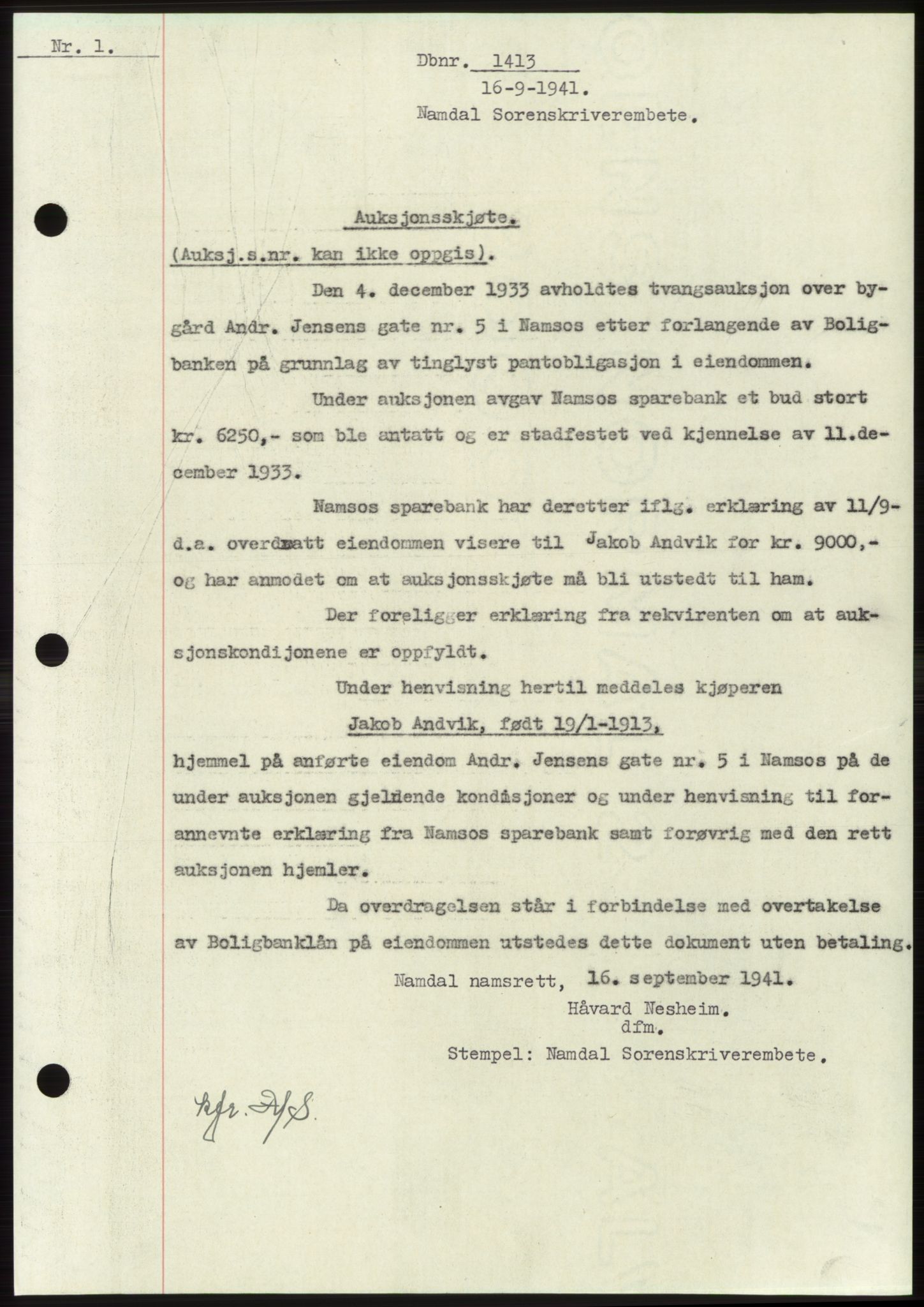 Namdal sorenskriveri, SAT/A-4133/1/2/2C: Pantebok nr. -, 1941-1942, Dagboknr: 1413/1941