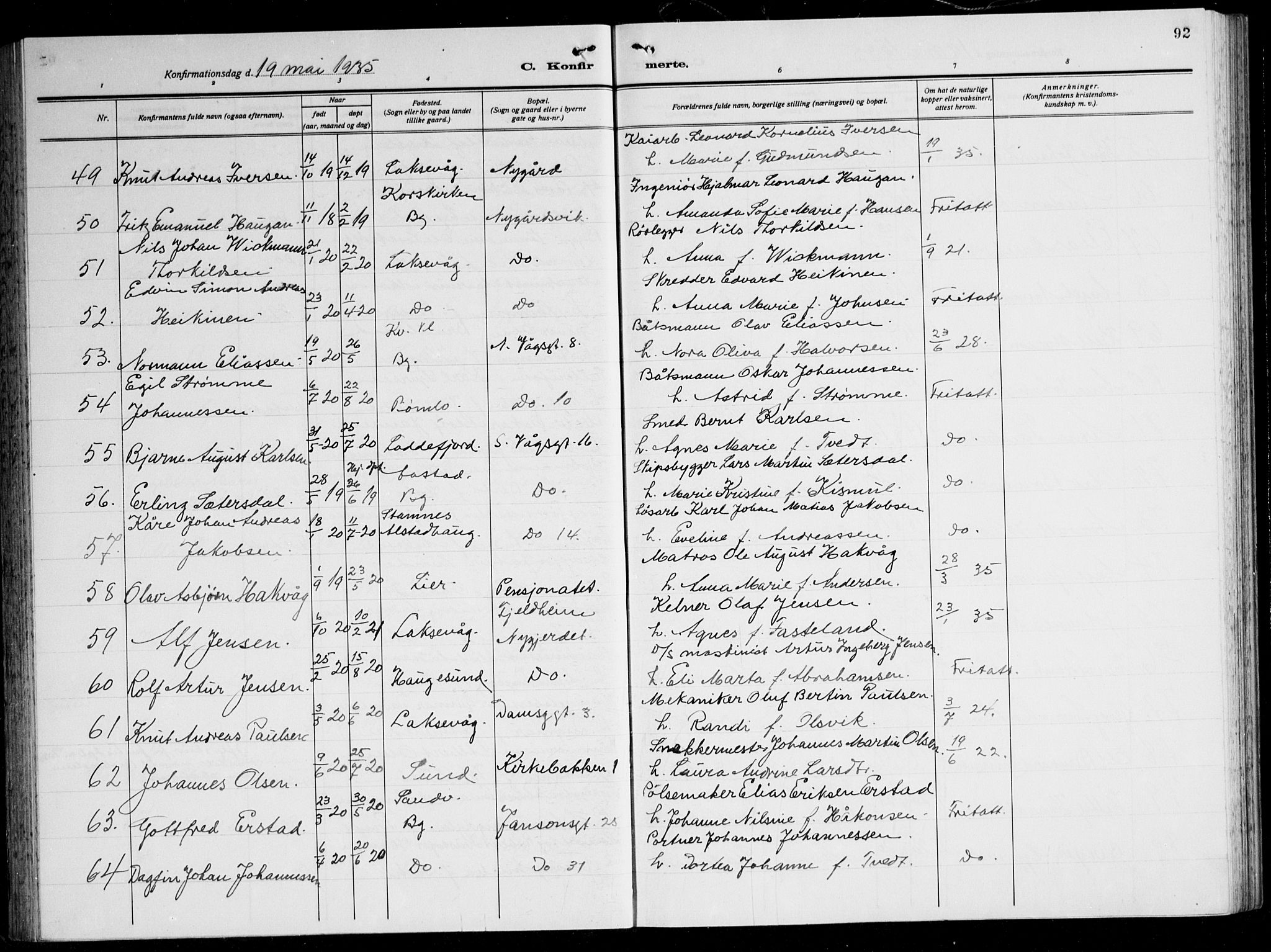 Laksevåg Sokneprestembete, AV/SAB-A-76501/H/Ha/Hab/Haba: Klokkerbok nr. A 10, 1925-1942, s. 92