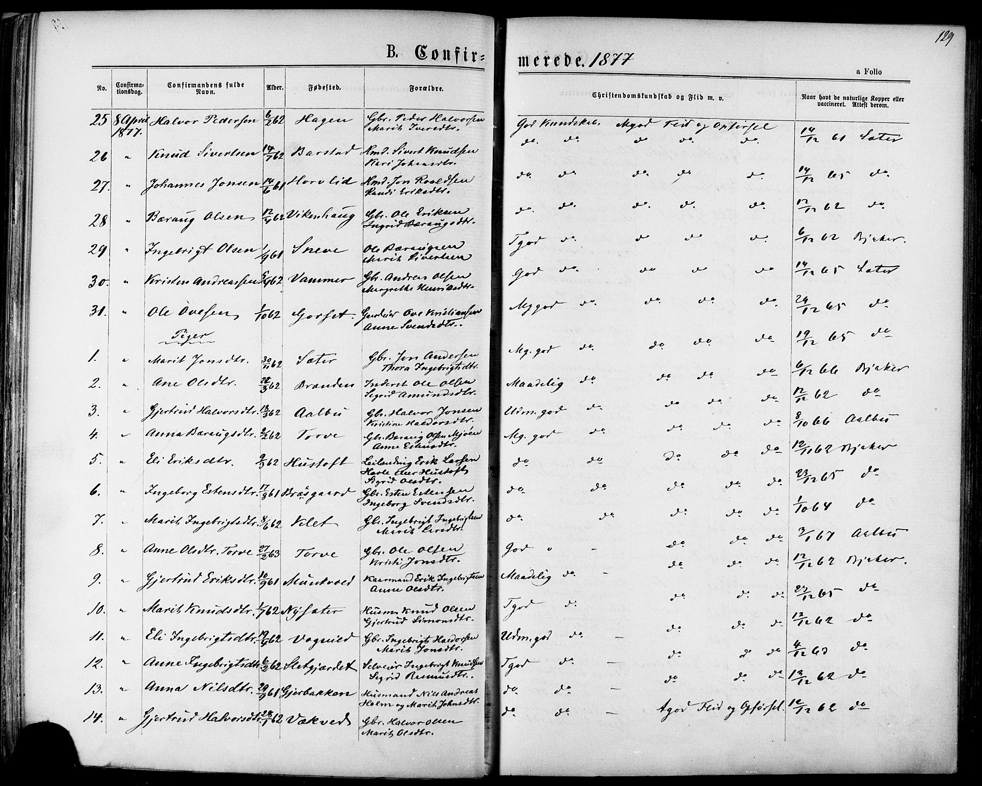 Ministerialprotokoller, klokkerbøker og fødselsregistre - Sør-Trøndelag, AV/SAT-A-1456/678/L0900: Ministerialbok nr. 678A09, 1872-1881, s. 129
